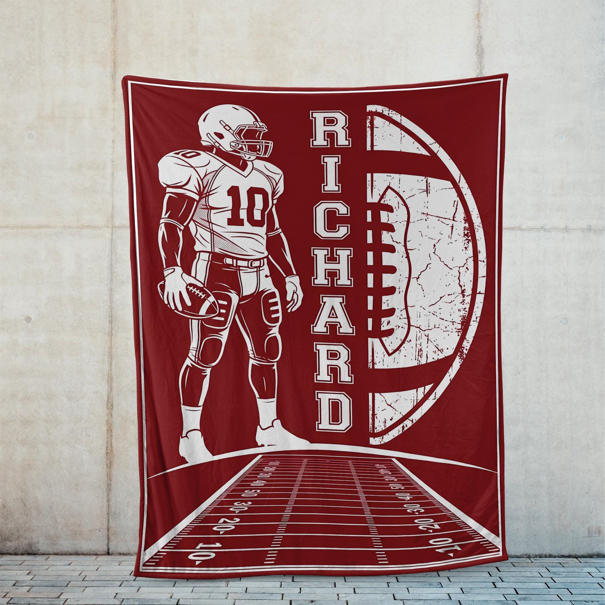 Personalized Fleece Blanket: Football Player Graphic with Name and Field Yard Line Design image 2