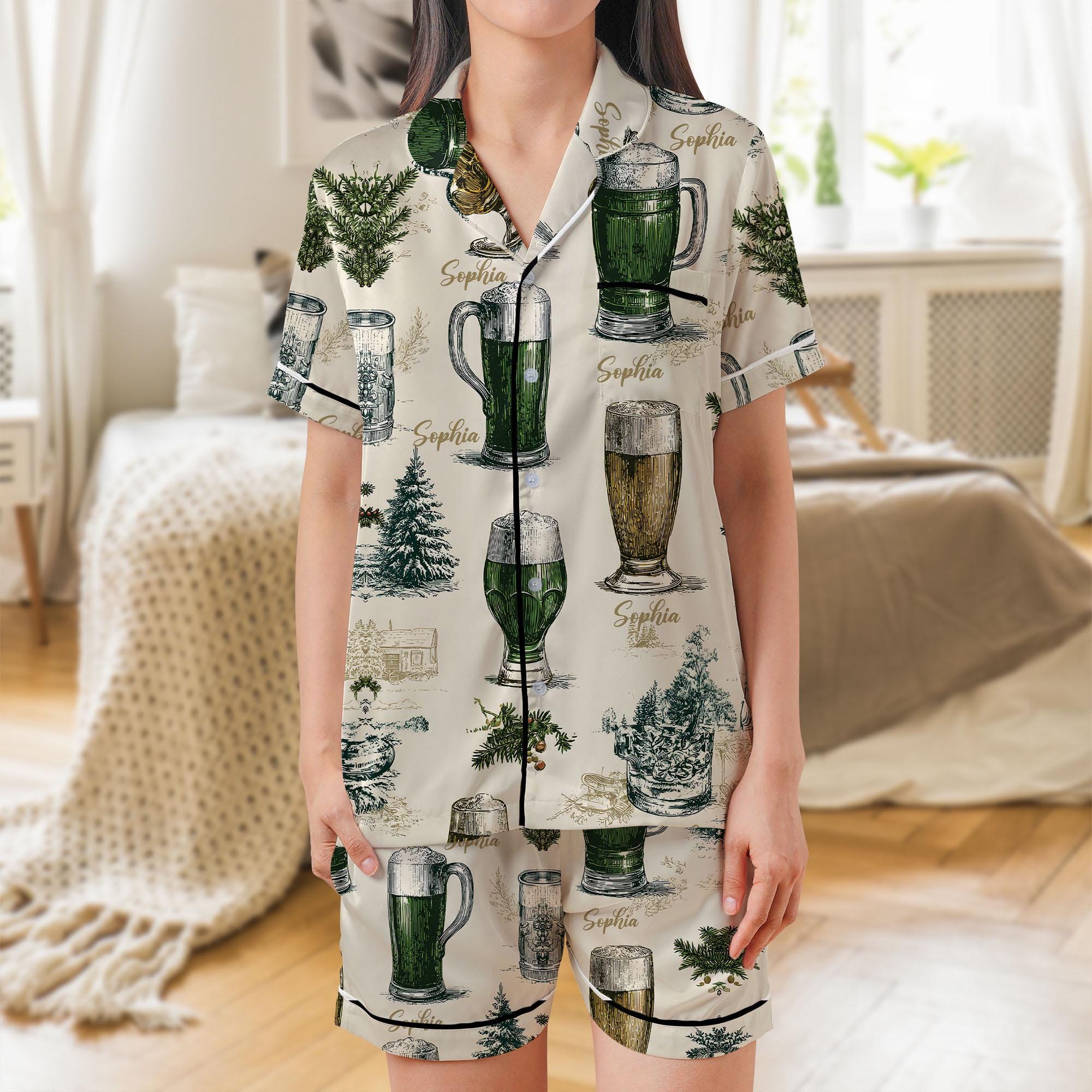 Satin Pajama Set: Sleepwear Short Sleeve Top, Beer Mug Holiday Print image 2