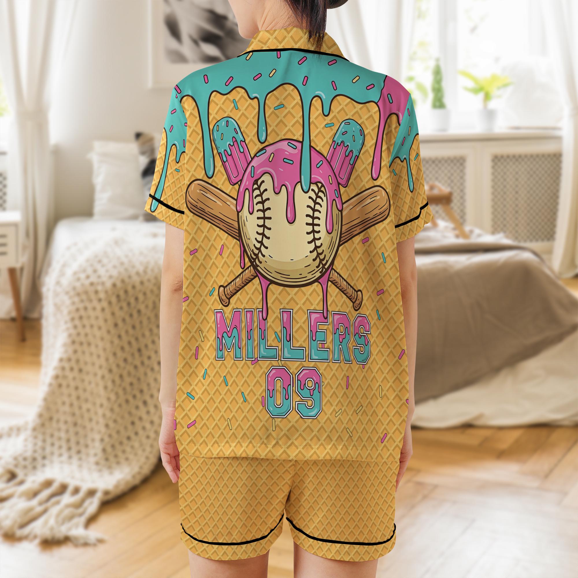 Satin Pajama Set: Sleepwear Short Sleeve Top, Baseball Ice Cream Print image 2