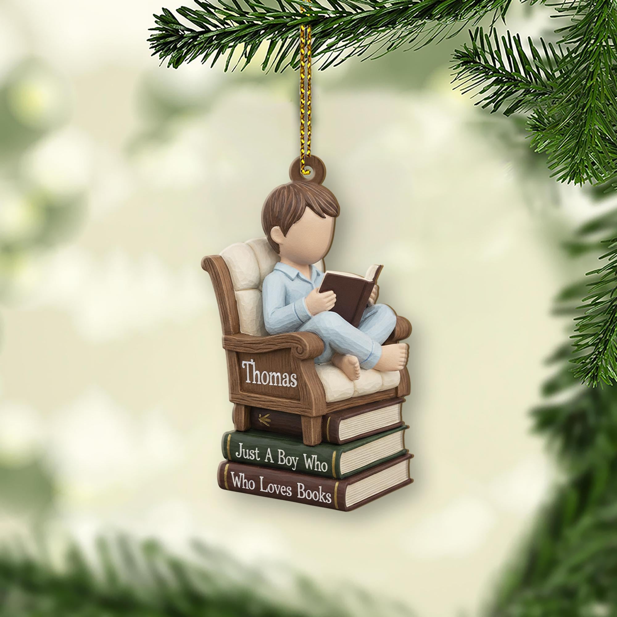 Personalized Boy Reading Ornament, Custom Name Book Stack Design, Reader Figurine Decoration image 2