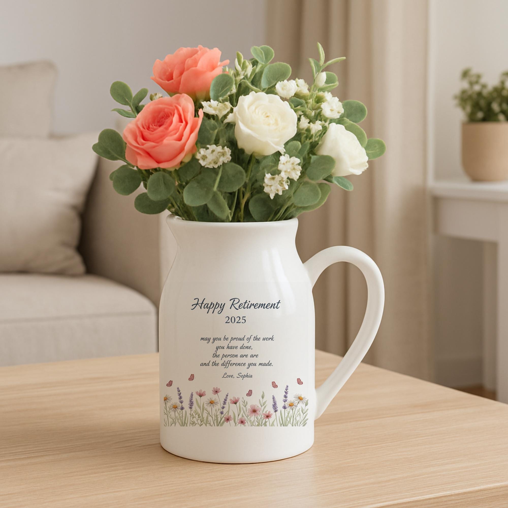 Custom Retirement Ceramic Vase – Personalized Floral Print Display Decor image 1