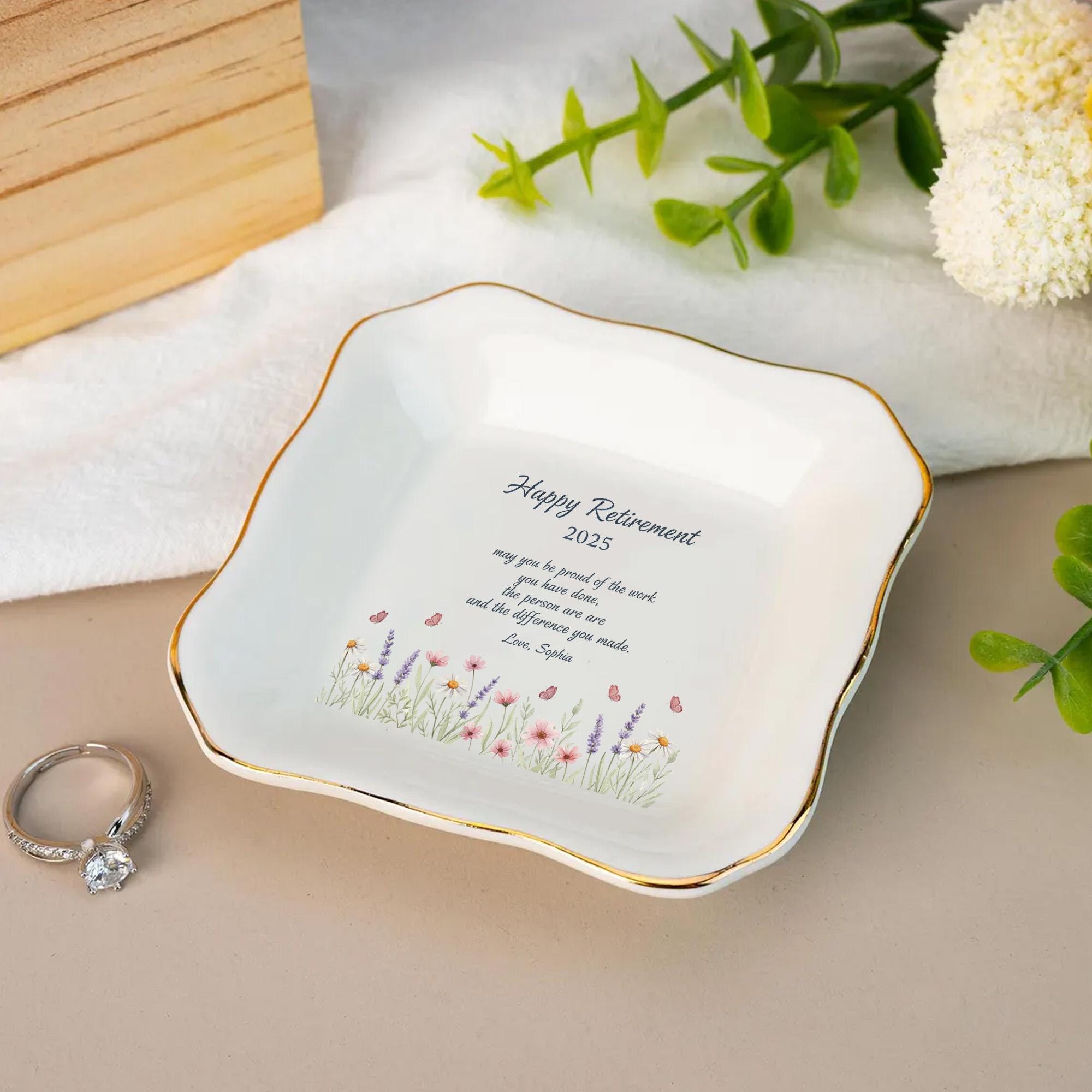 Custom Retirement Ceramic Jewelry Tray: Personalized Floral Ring Dish image 3