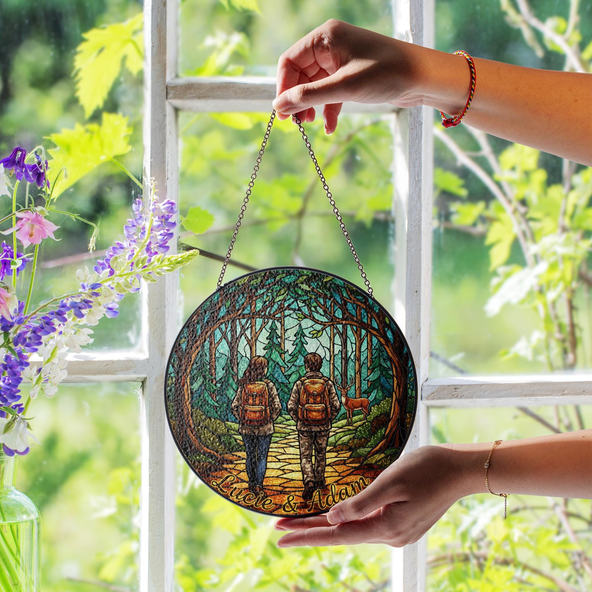 Custom Hunting Couple Glass Suncatcher: Personalized Forest Scene Window Art image 2