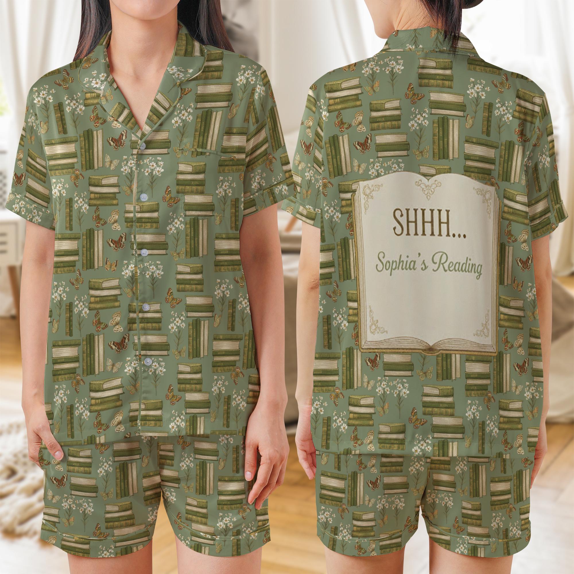 Personalized Satin Pajama Set: Sage Green Book Pattern Sleepwear image 1