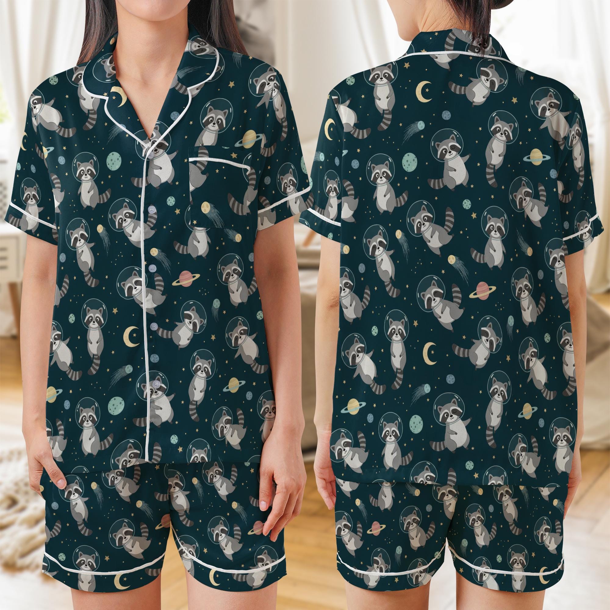 Satin Pajama Set: Navy Astronaut Raccoon Sleepwear image 1