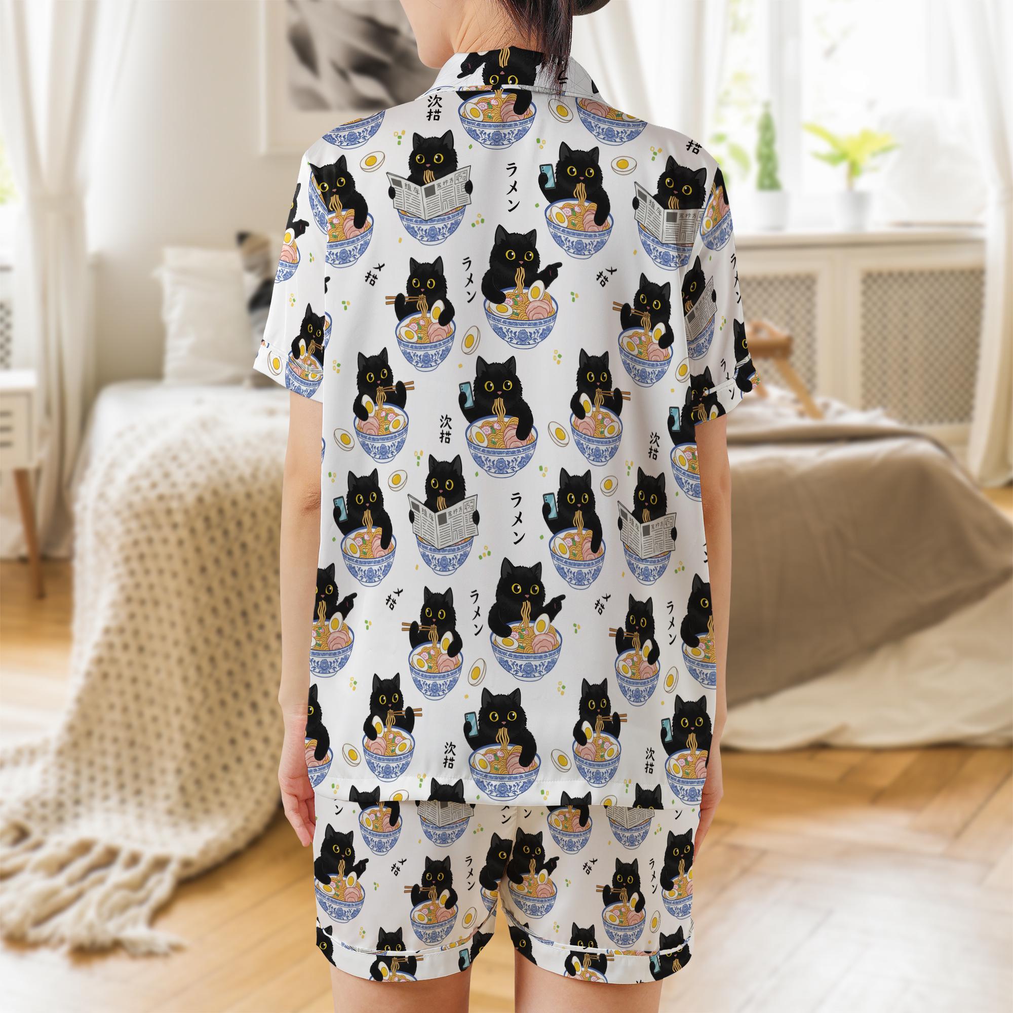 Satin Pajama Set: Black Cat Eating Ramen Print, Short Sleeve Sleepwear image 7
