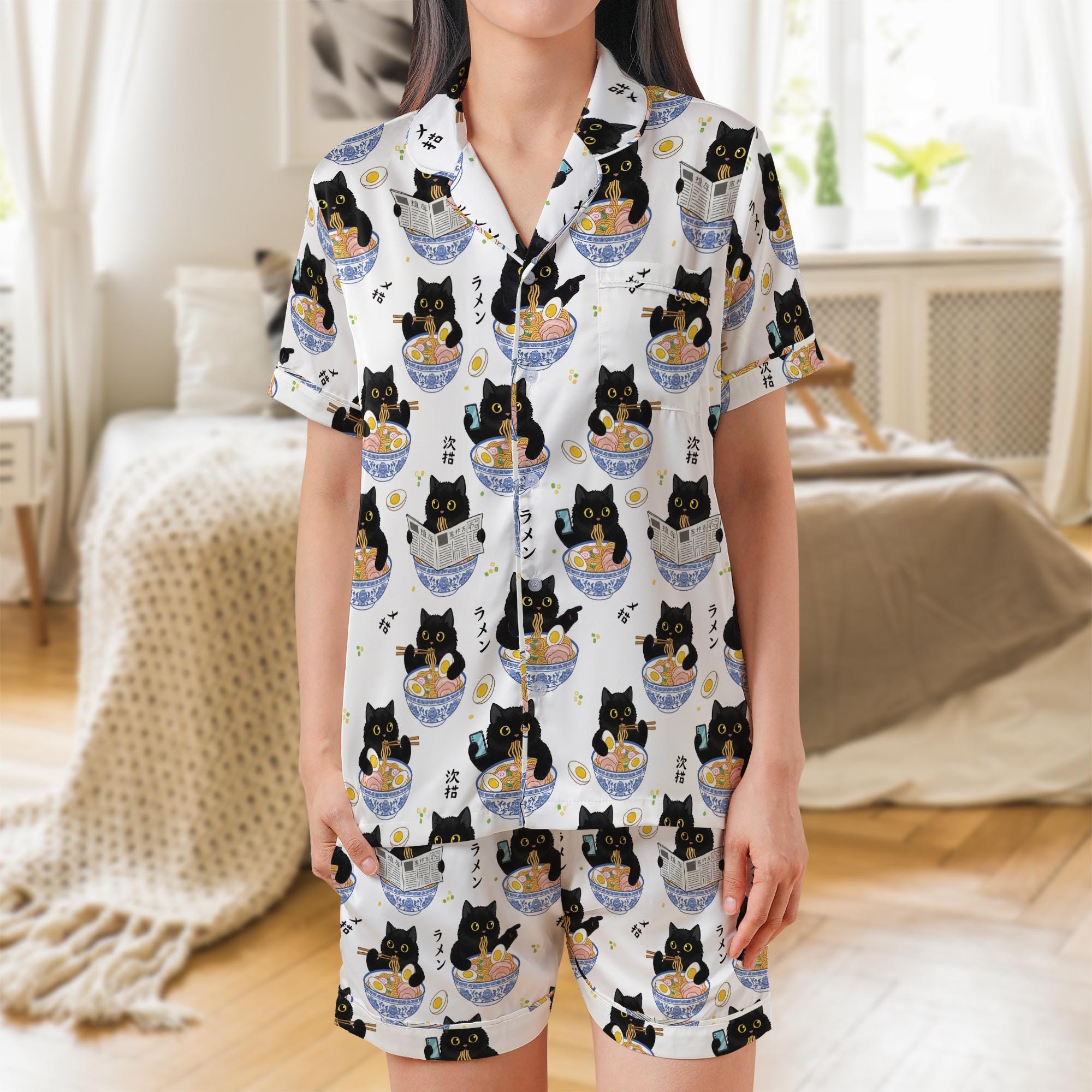Satin Pajama Set: Black Cat Eating Ramen Print, Short Sleeve Sleepwear image 2