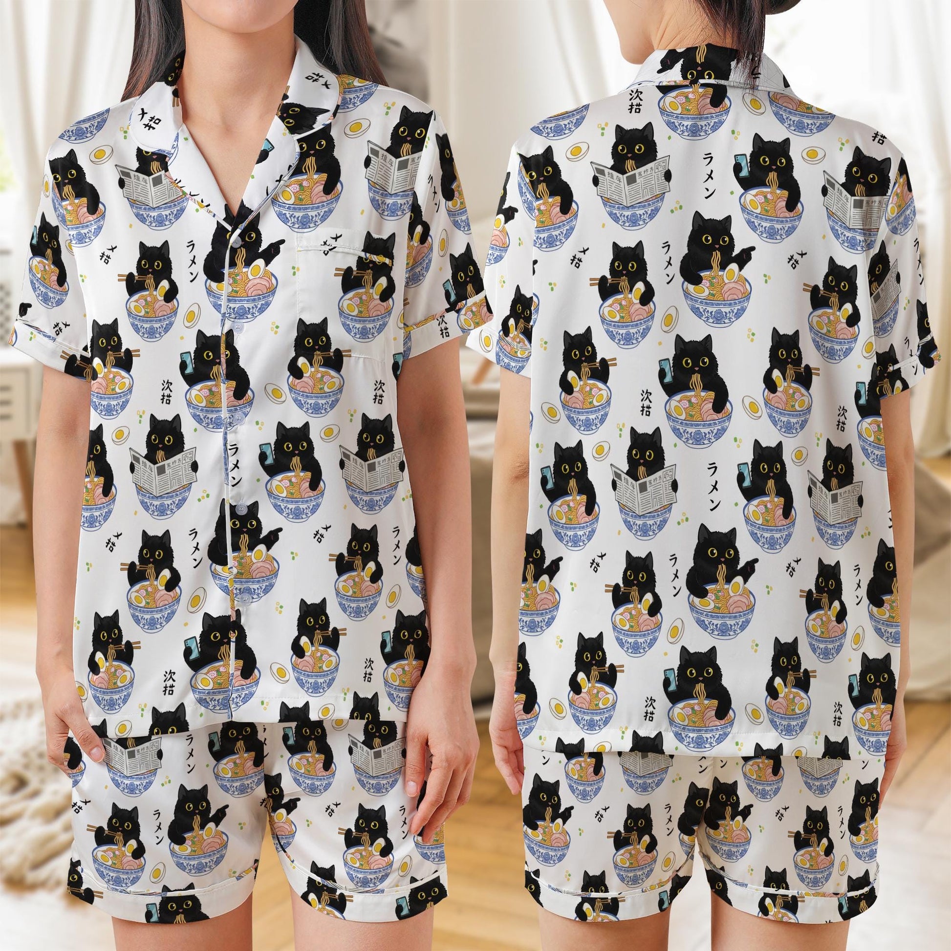 Satin Pajama Set: Black Cat Eating Ramen Print, Short Sleeve Sleepwear image 6