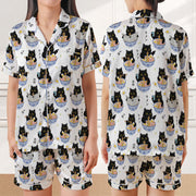 Satin Pajama Set: Black Cat Eating Ramen Print, Short Sleeve Sleepwear image 1