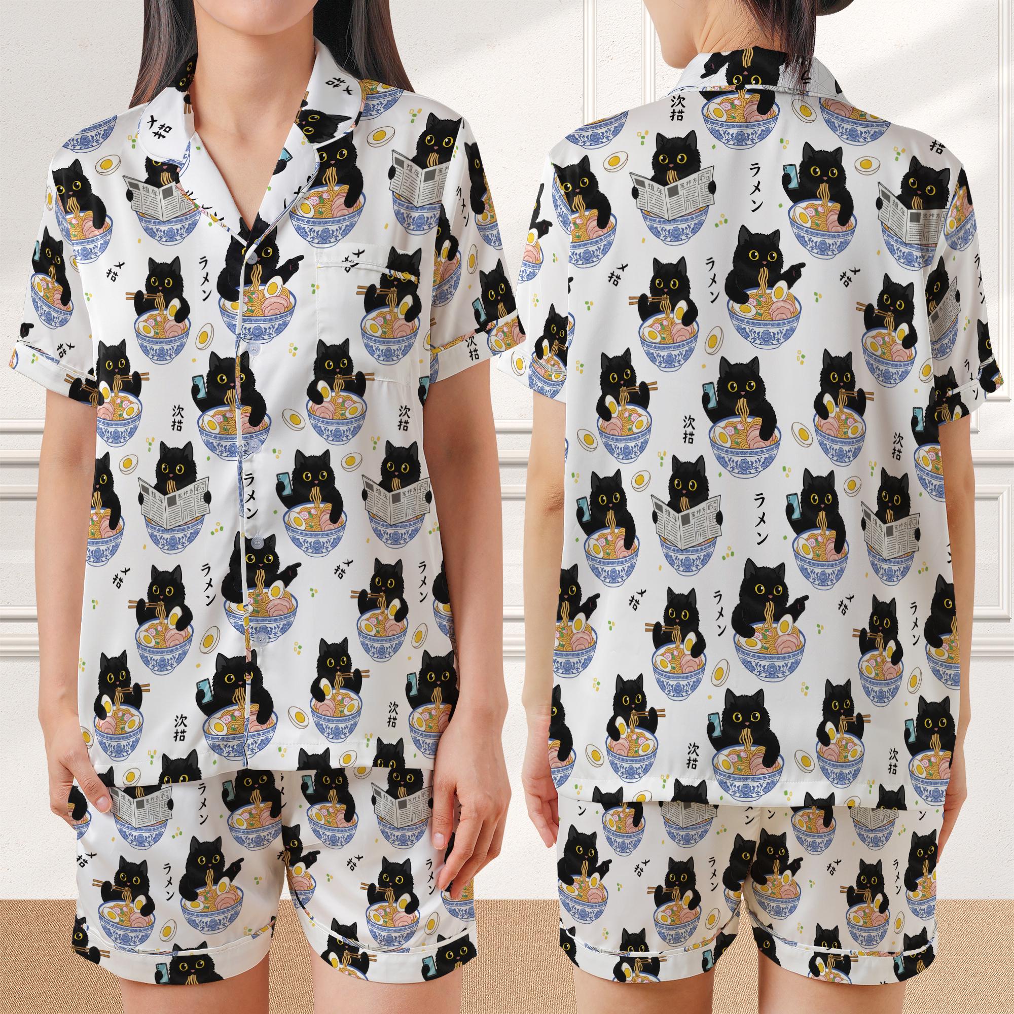 Satin Pajama Set: Black Cat Eating Ramen Print, Short Sleeve Sleepwear image 1