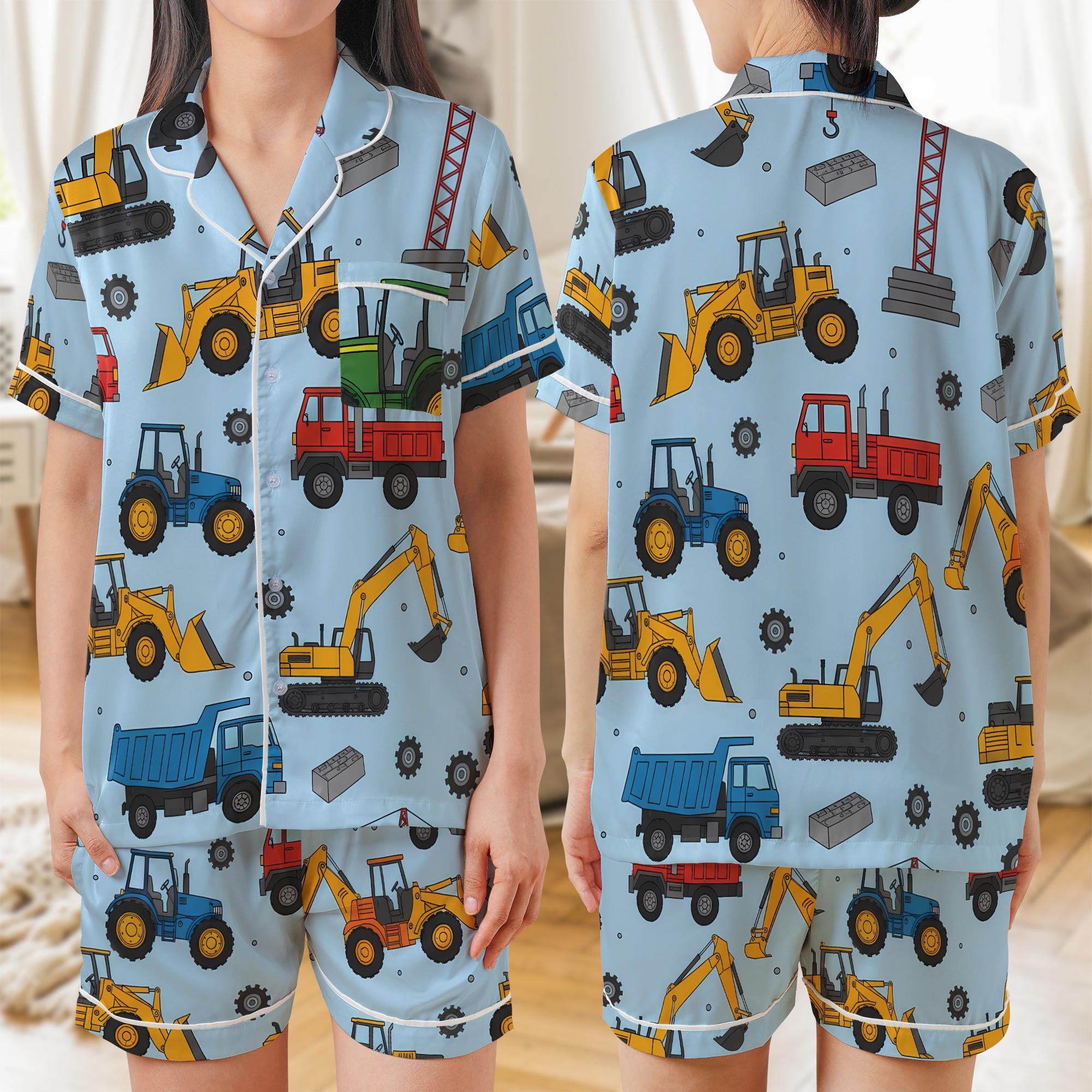 Satin Pajama Set: Construction Vehicle Print, Light Blue Sleepwear image 1