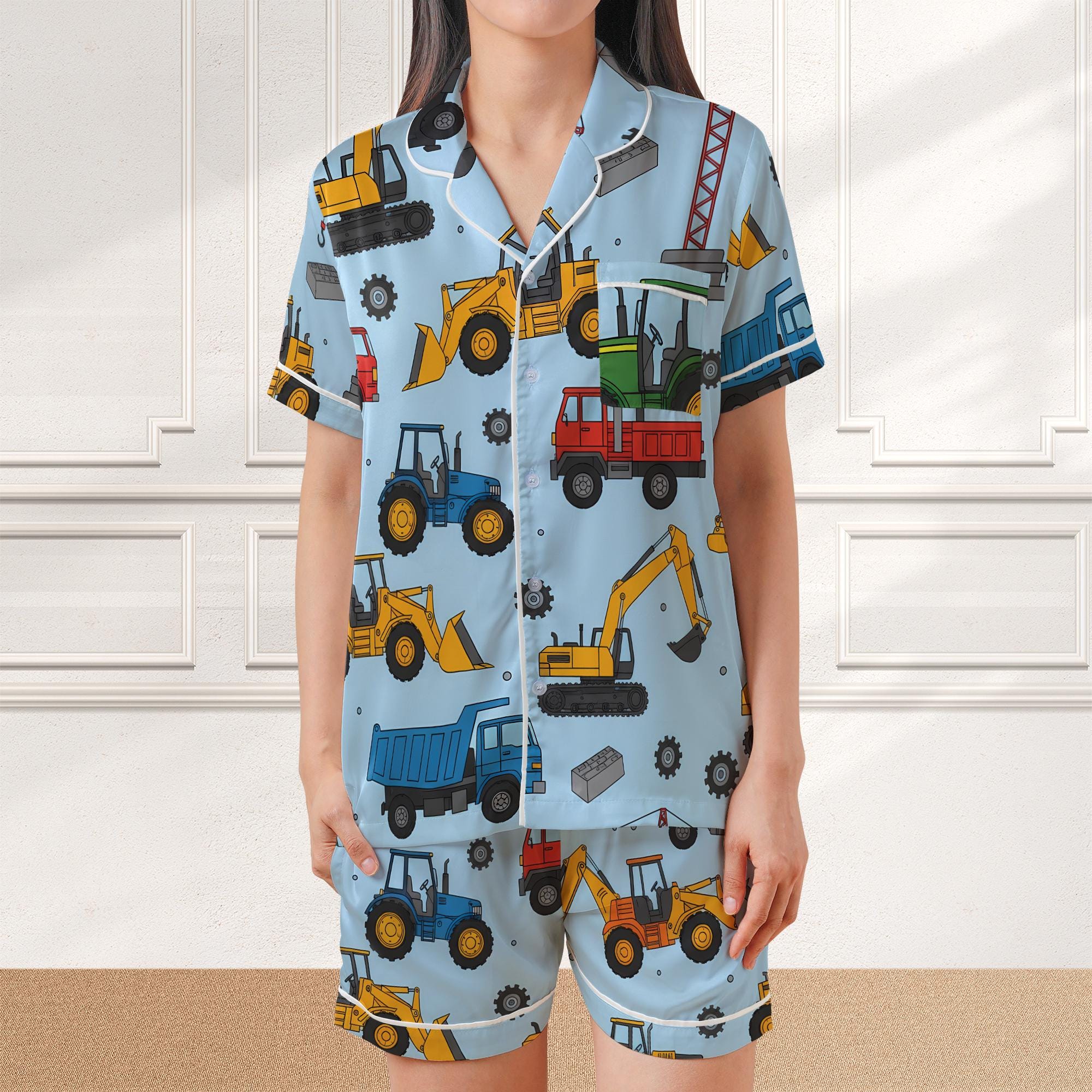 Satin Pajama Set: Construction Vehicle Print, Light Blue Sleepwear image 2