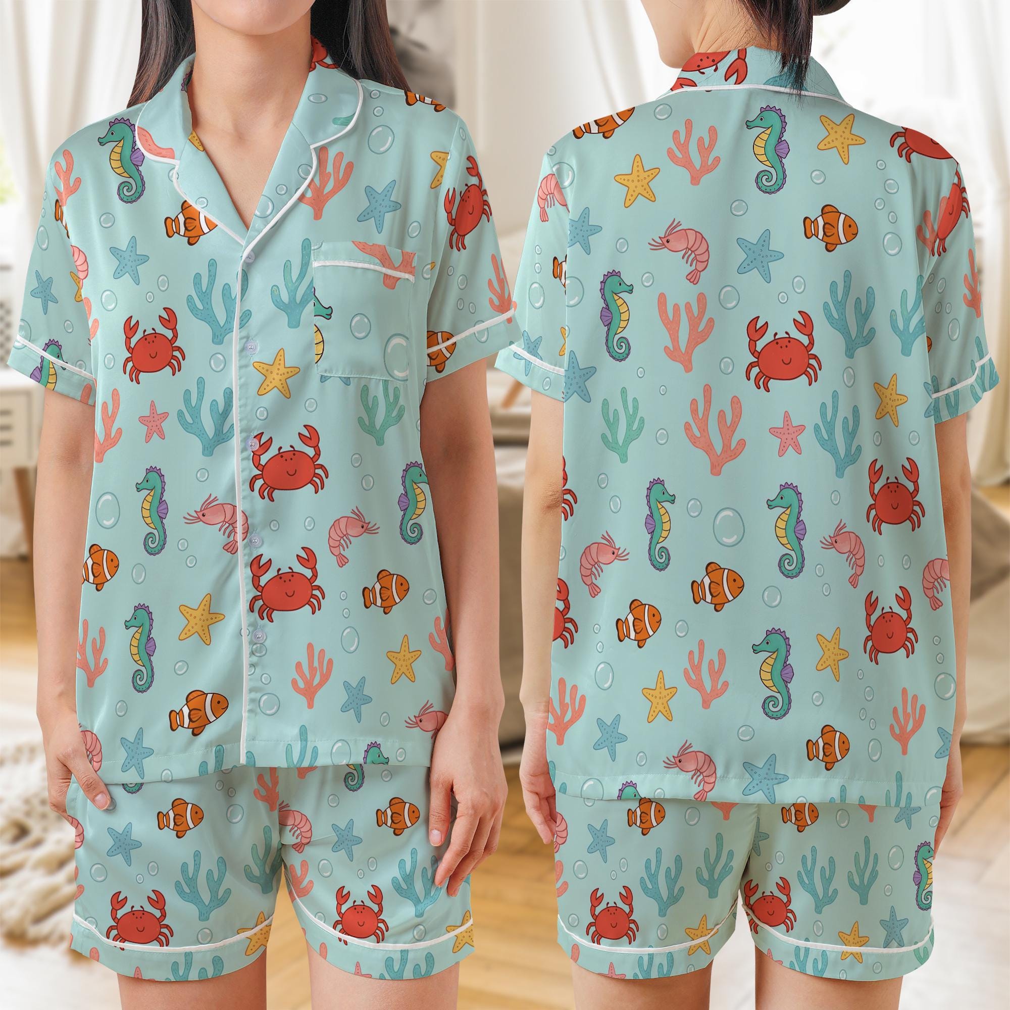 Satin Pajama Set: Sea Creature Print, Aqua Blue Sleepwear image 1