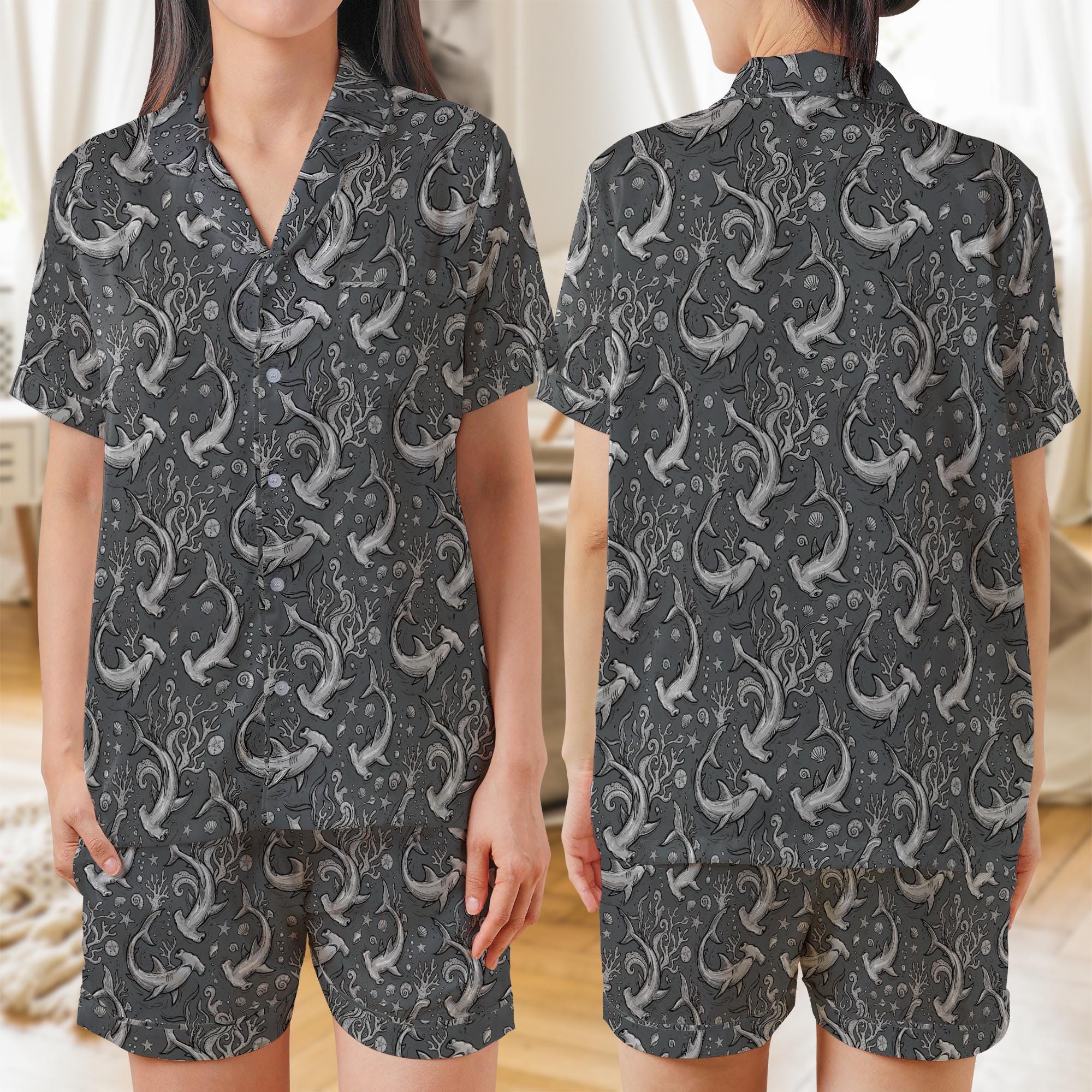 Satin Hammerhead Shark Pajama Set: Vintage Ocean Pattern Sleepwear image 1
