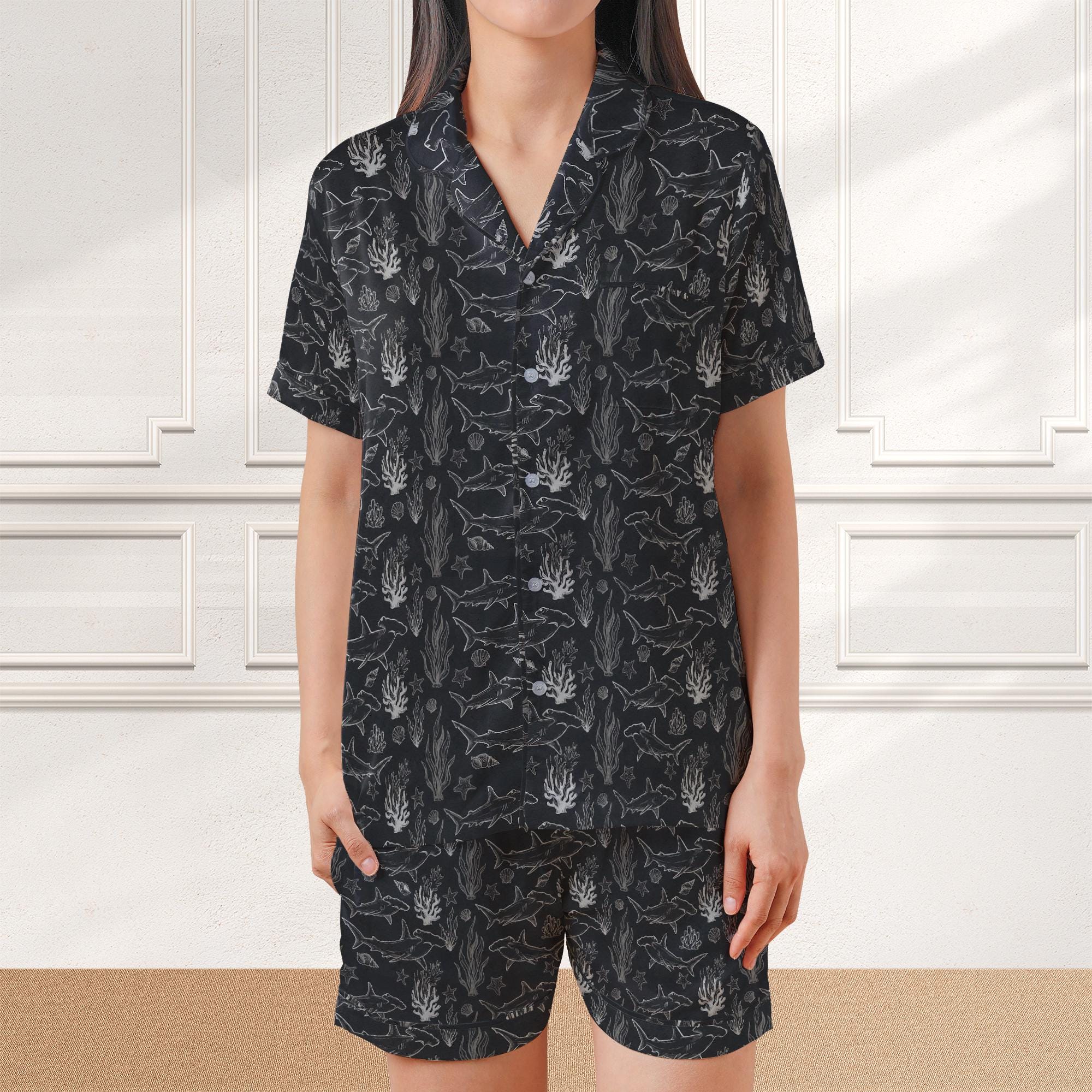 Black Polyester Pajama Set: Hammerhead Shark Print Short Sleeve Button Down and Shorts image 1