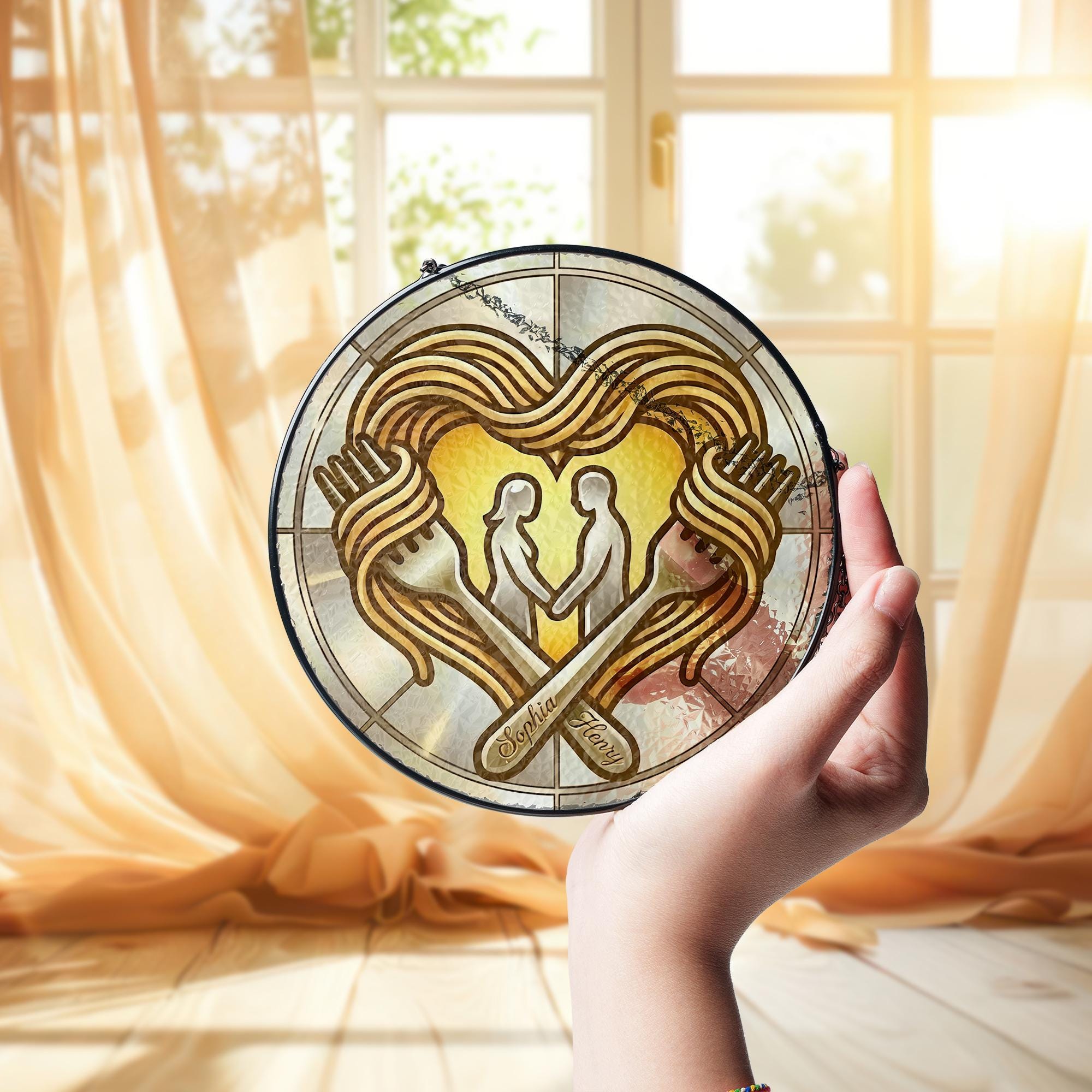Personalized Pasta Heart Suncatcher: Spaghetti Noodle Design, Custom Name Forks, Couple Silhouette Window Decor image 2