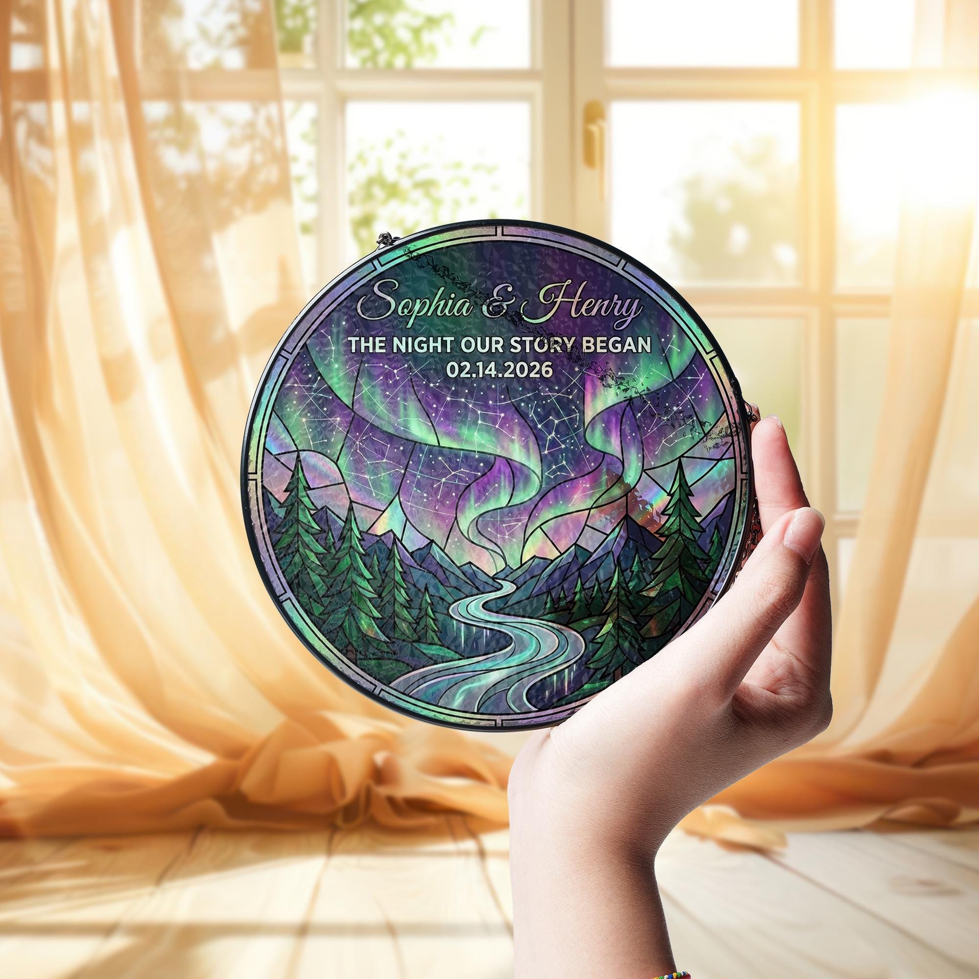 Personalized Aurora Borealis Suncatcher: Custom Names & Date, Night Sky Decor image 2