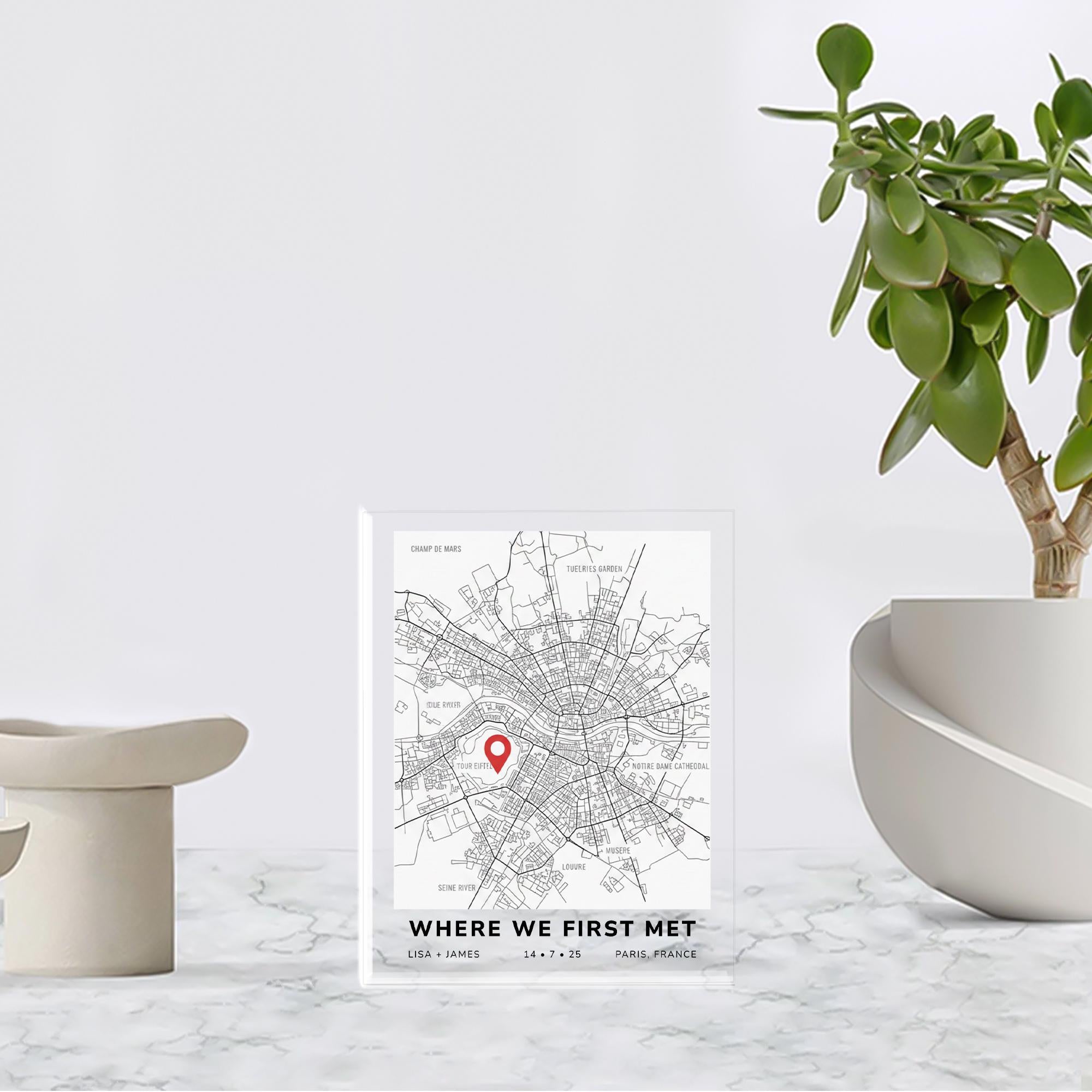 Custom Couple with Map Acrylic Block, Personalized Location Print with Names and Date image 1