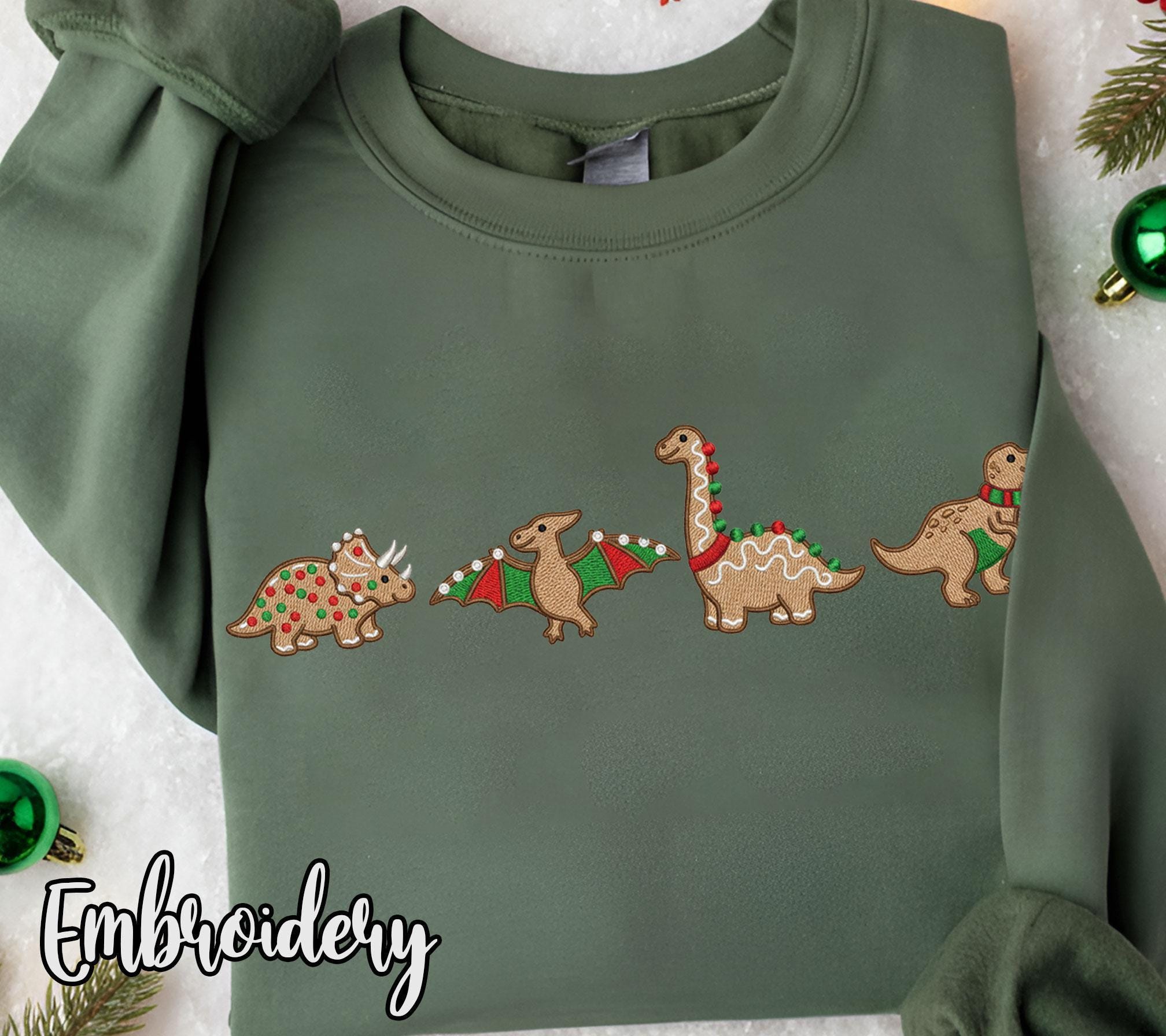 Embroidered Gingerbread Dinosaur Quartet, Holiday Cookie Crewneck or Hoodie image 4
