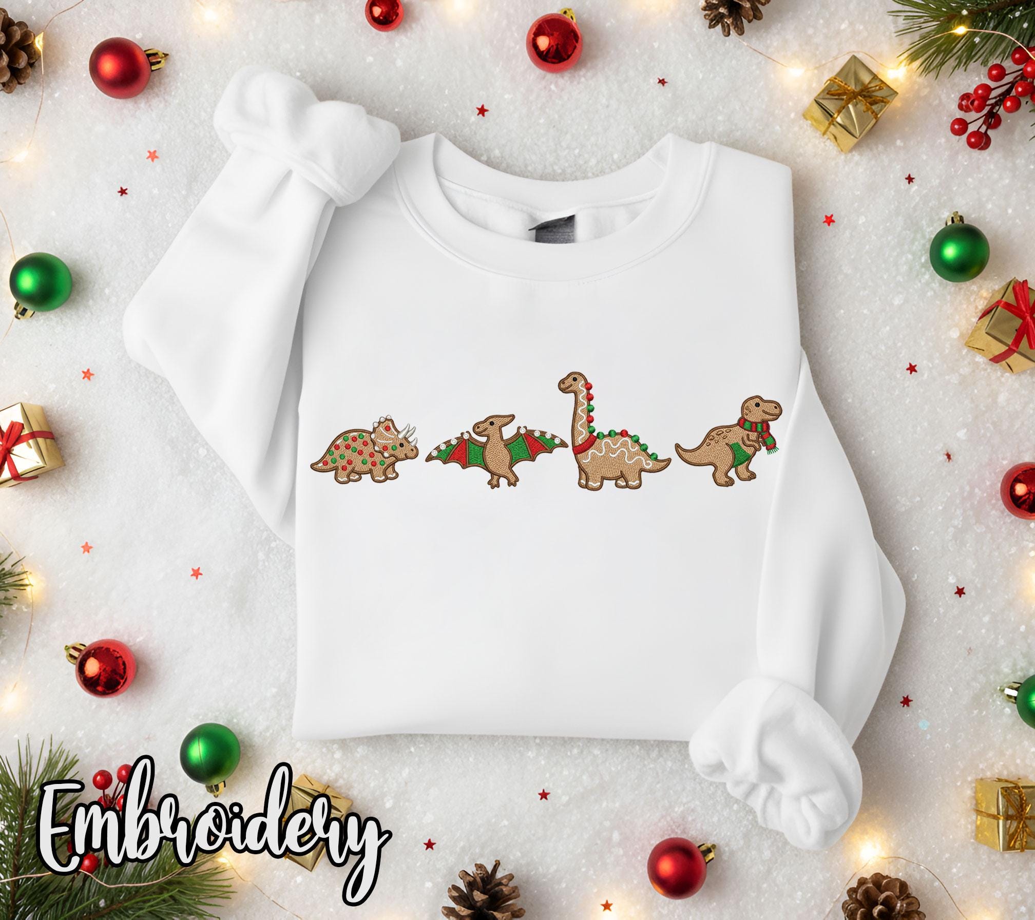 Embroidered Gingerbread Dinosaur Quartet, Holiday Cookie Crewneck or Hoodie image 8