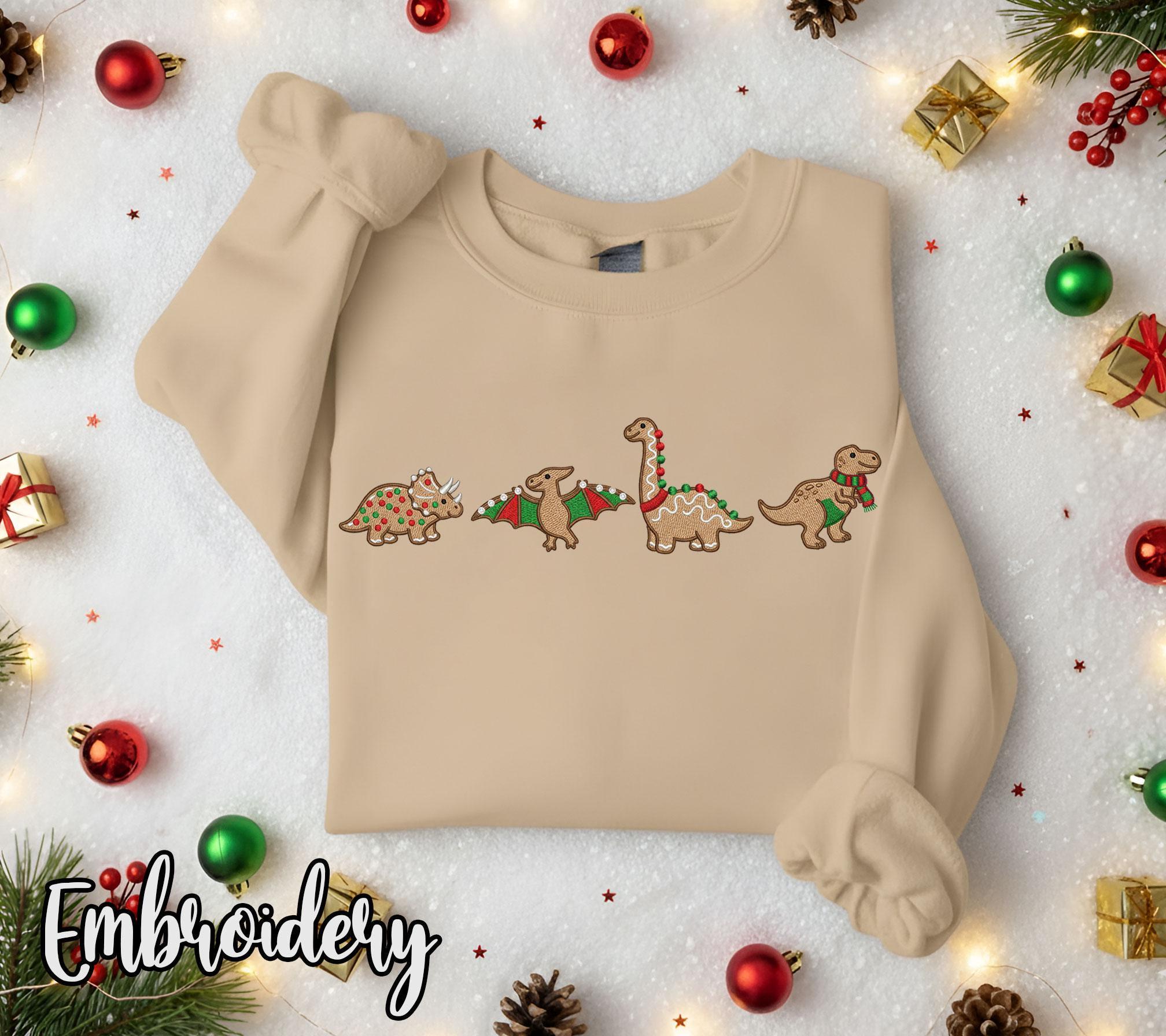 Embroidered Gingerbread Dinosaur Quartet, Holiday Cookie Crewneck or Hoodie image 1