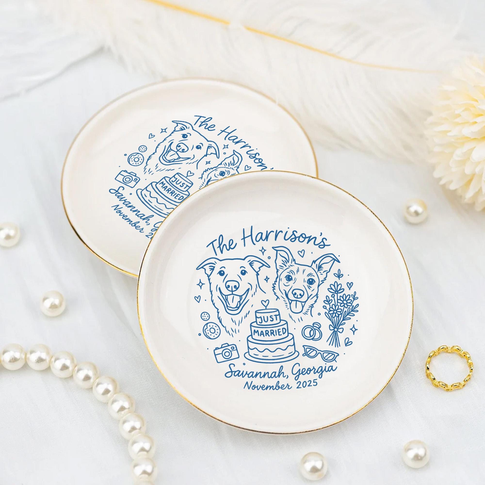 Custom Pet Portrait Jewelry Tray, Ceramic Ring Dish with Names, Date, Location image 2