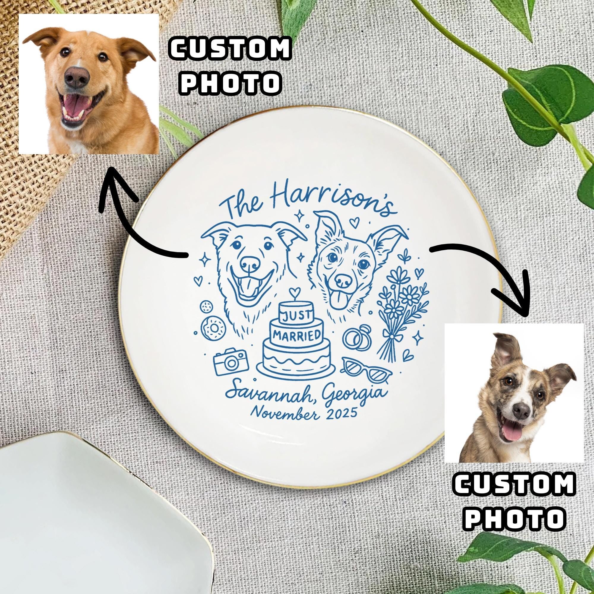 Custom Pet Portrait Jewelry Tray, Ceramic Ring Dish with Names, Date, Location image 1