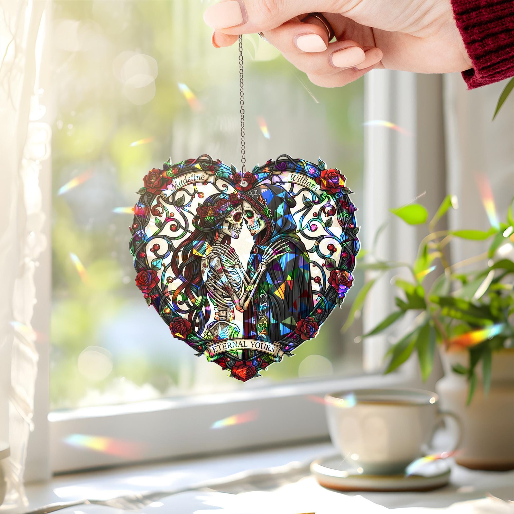 Holographic Acrylic Suncatcher: Skeleton Wedding Heart, Faux Stained Glass image 1