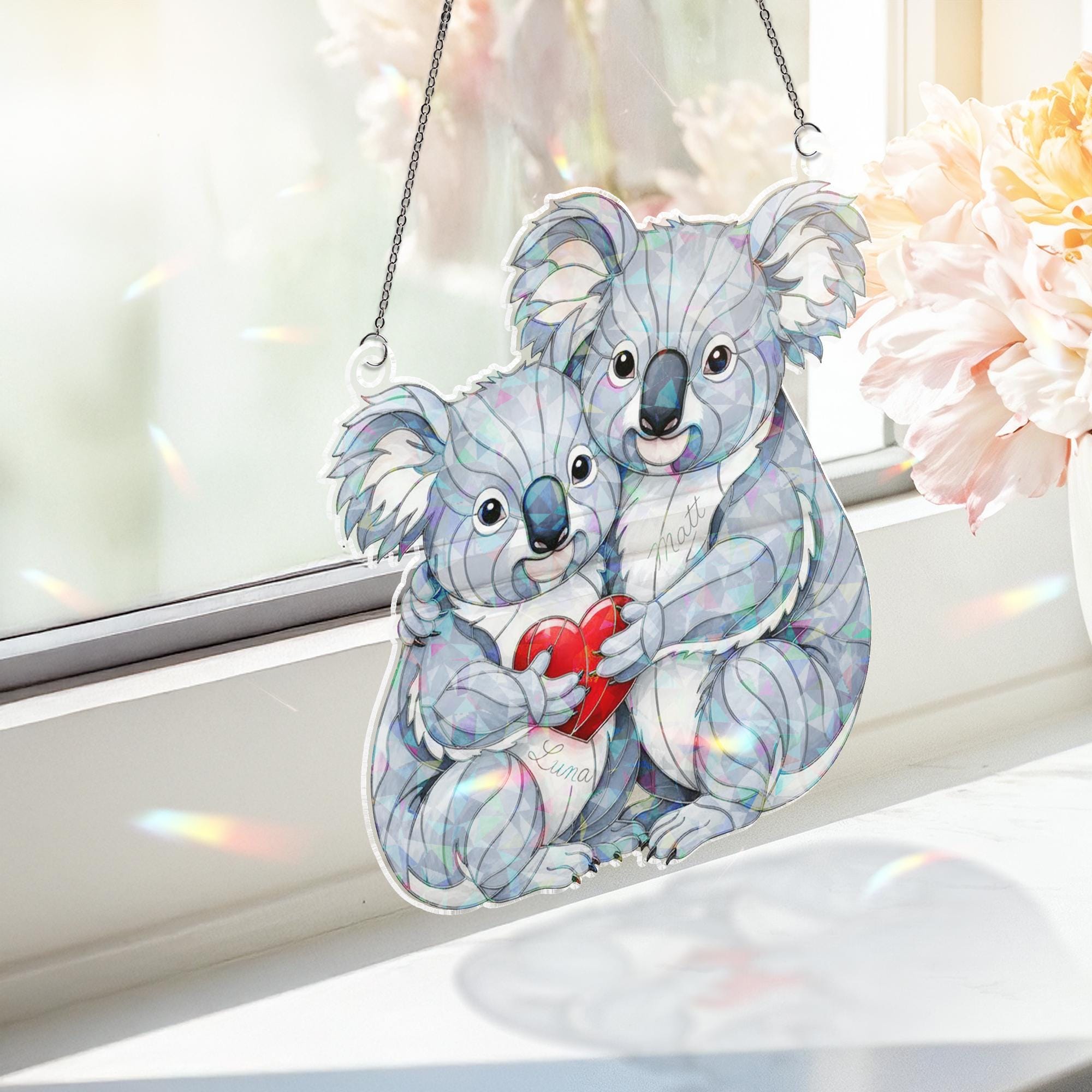 Personalized Acrylic Suncatcher: Koala Couple Heart, Holographic Window Decor image 2