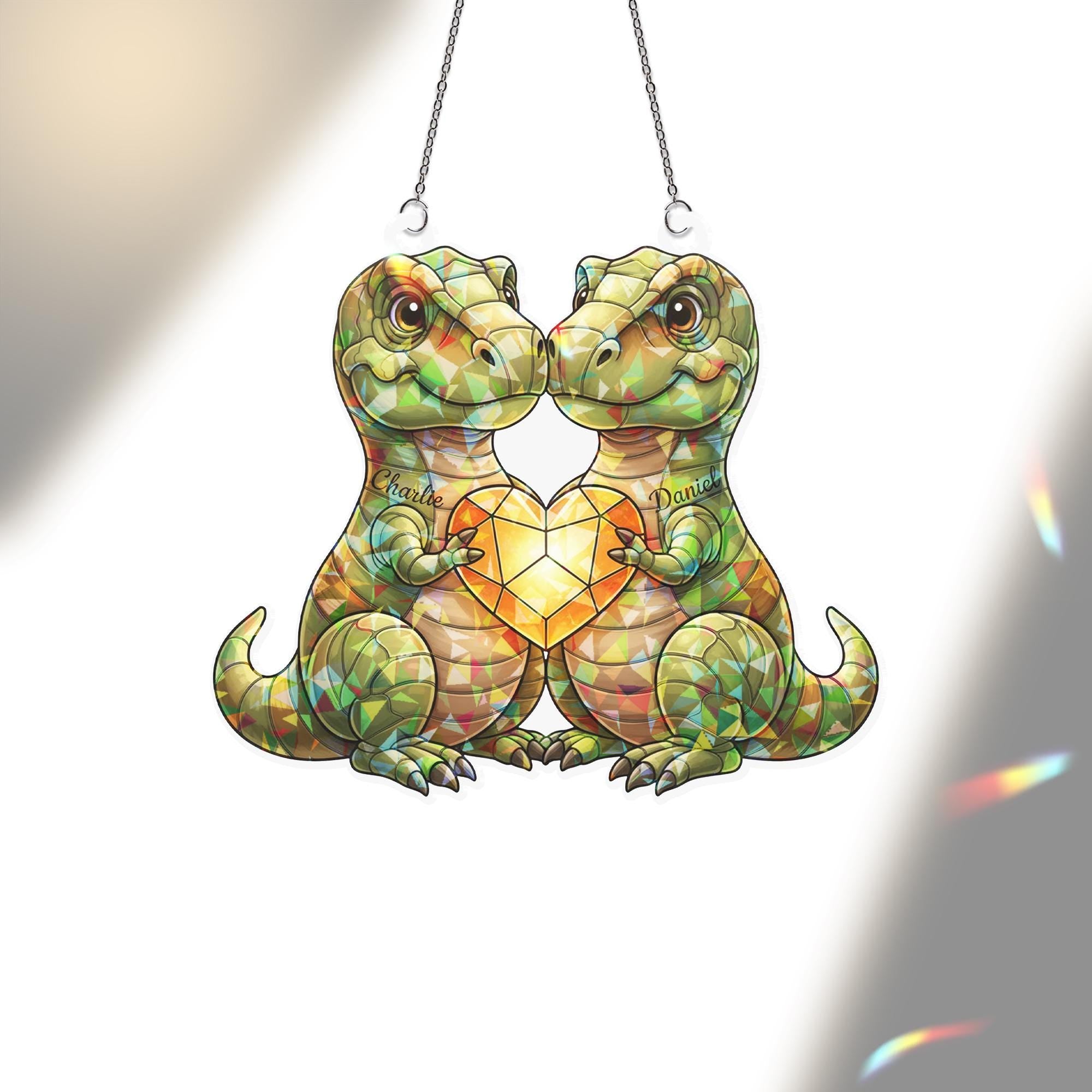 Personalized Acrylic Suncatcher: Dinosaur Couple Heart, Holographic Window Hanging image 4