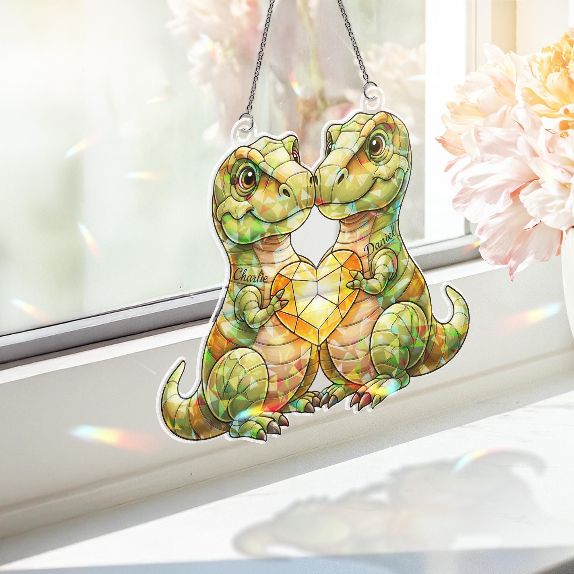 Personalized Acrylic Suncatcher: Dinosaur Couple Heart, Holographic Window Hanging image 2