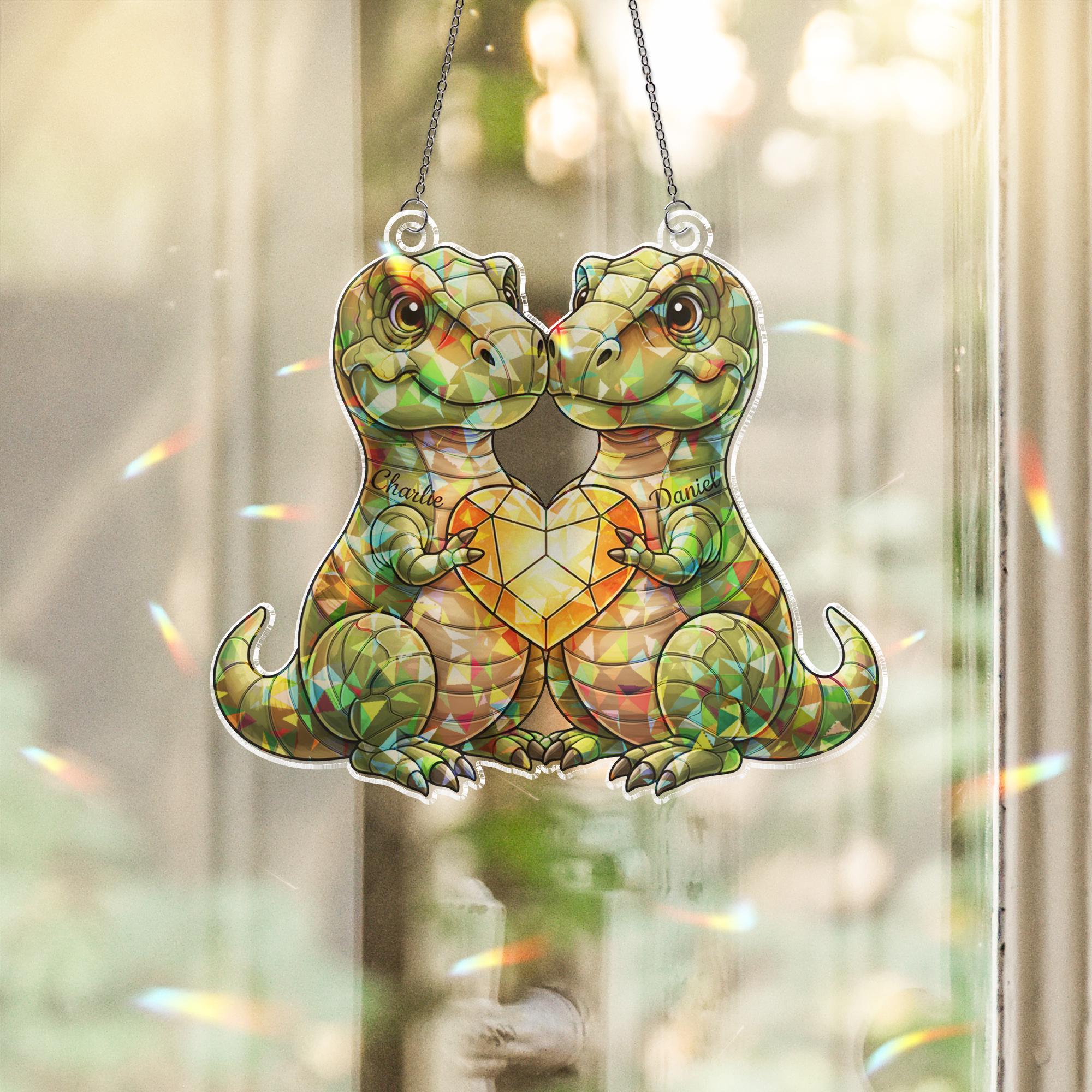 Personalized Acrylic Suncatcher: Dinosaur Couple Heart, Holographic Window Hanging image 1