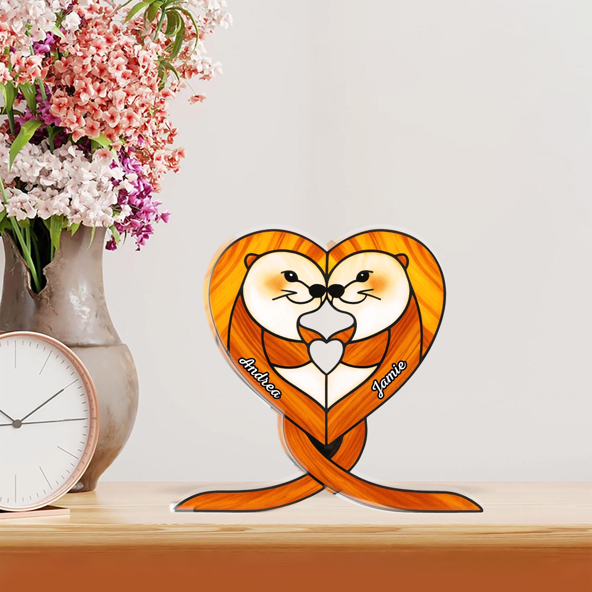 Custom Otter Acrylic Block, Personalized Couple Names Heart Illustration image 1