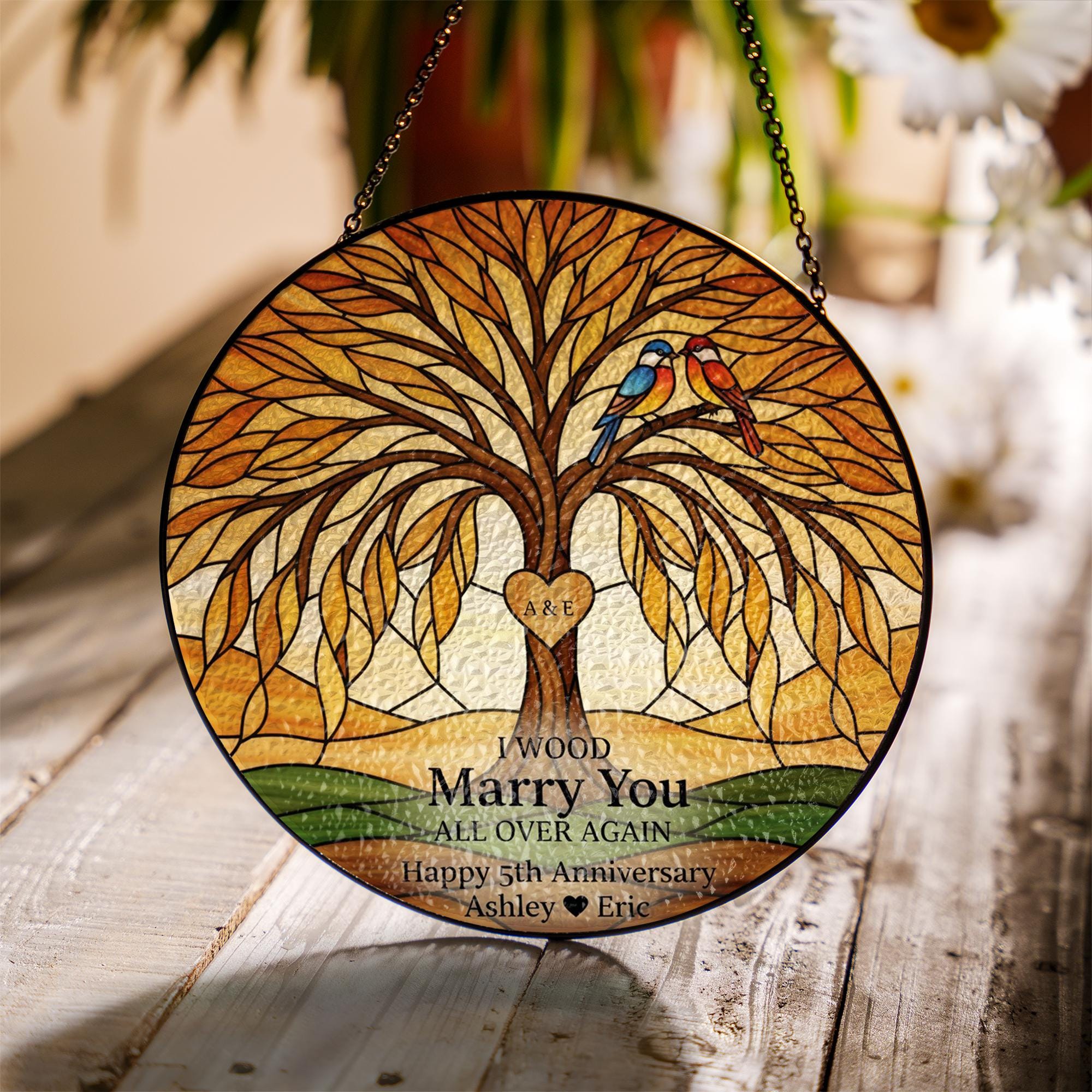 Personalized Glass Suncatcher: Tree Heart Birds, Anniversary Window Decor image 1