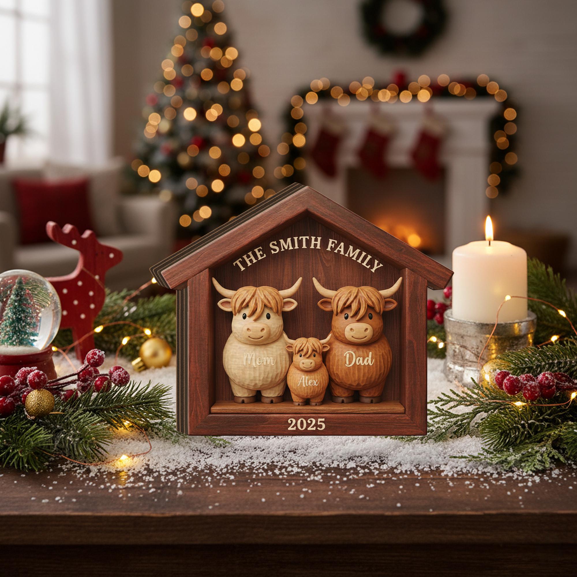 Personalized Family Wooden House Block, Cow Figurine Shadow Box with Names and Year image 2