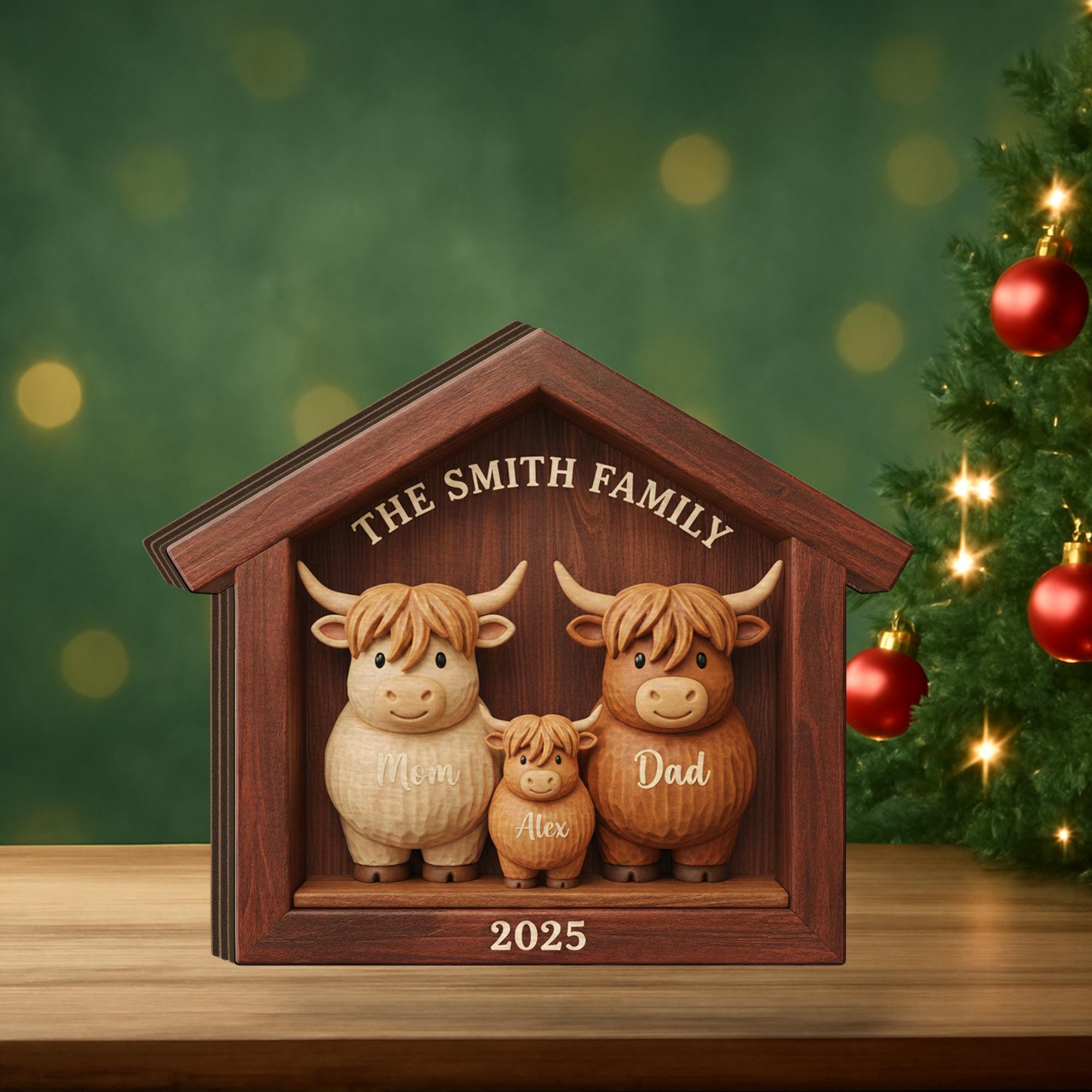 Personalized Family Wooden House Block, Cow Figurine Shadow Box with Names and Year image 1