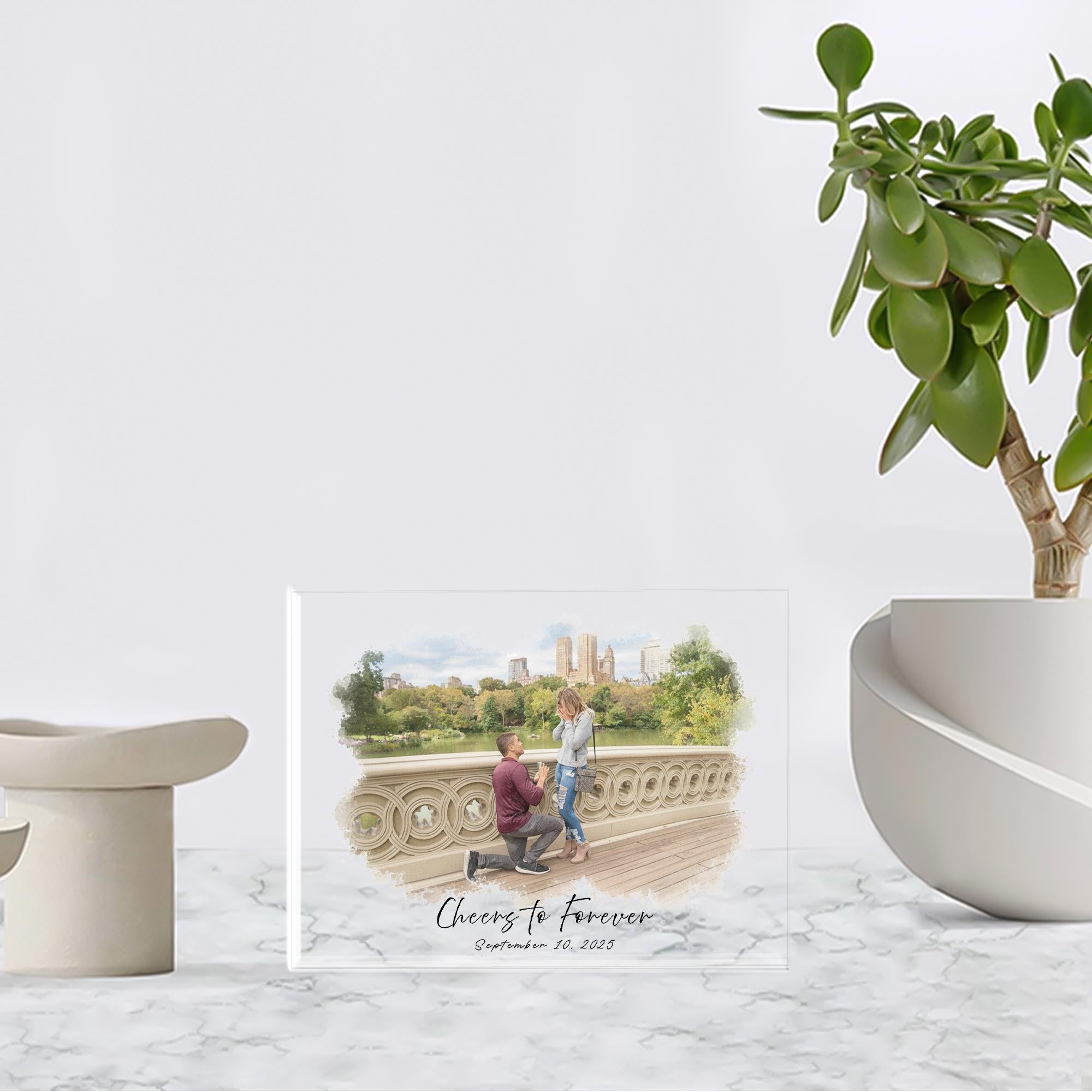 Custom Engagement Acrylic Block, Watercolor Photo Portrait with Date Text image 2