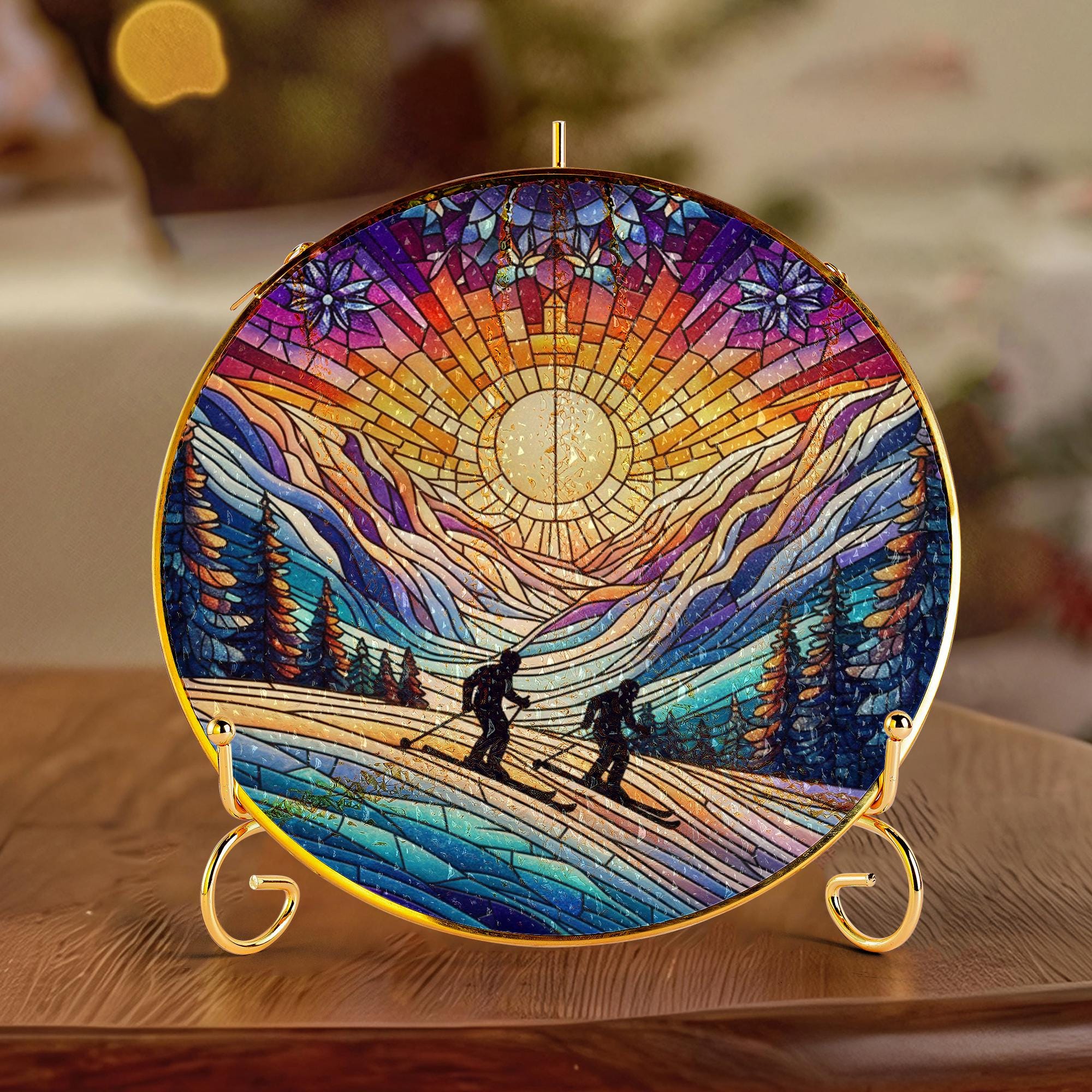Custom Skiing Couple Glass Suncatcher: Gold Frame Sun Catcher image 2