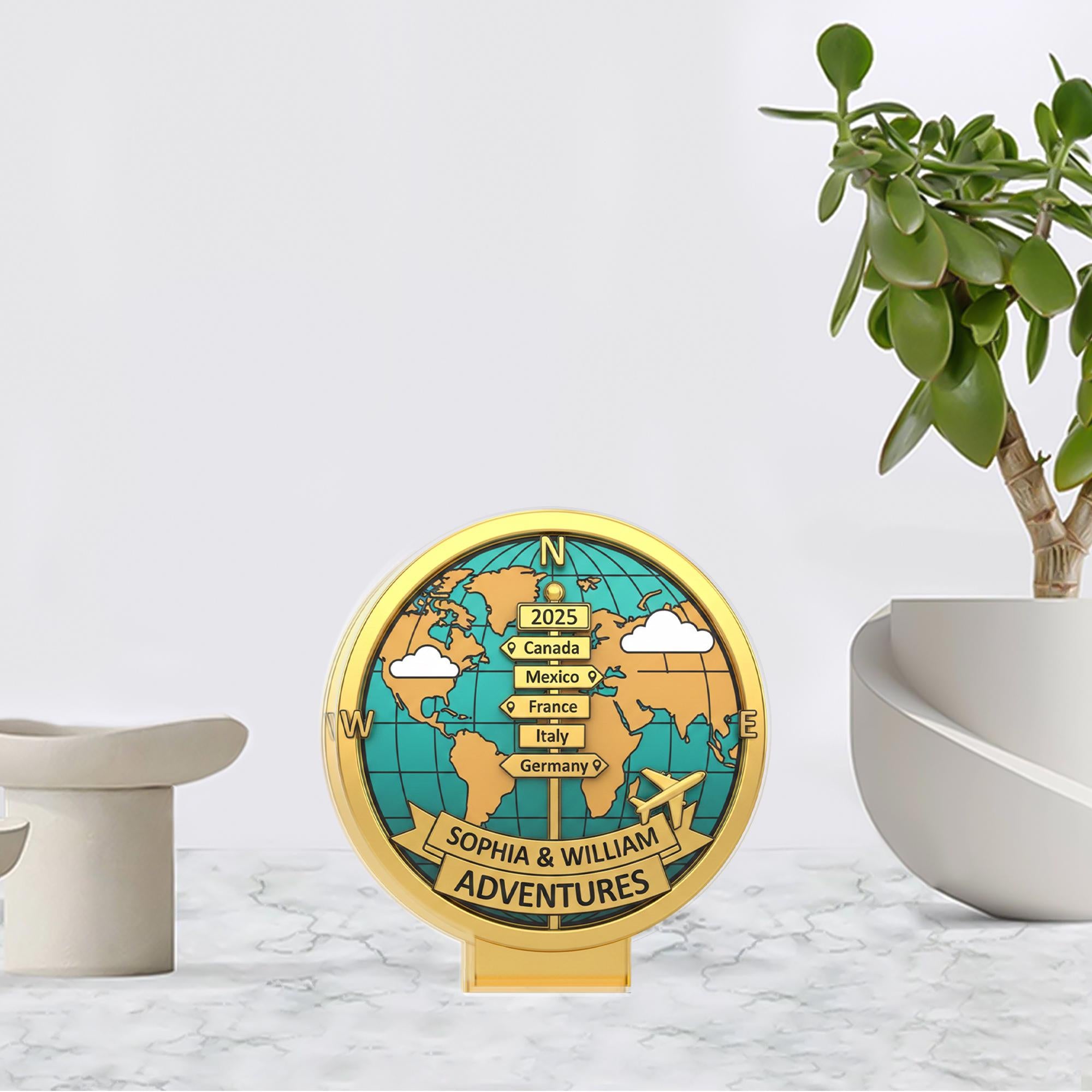Personalized Travel Map Acrylic Block, Globe Signpost Plaque, Custom Names Year Destination Decor image 2