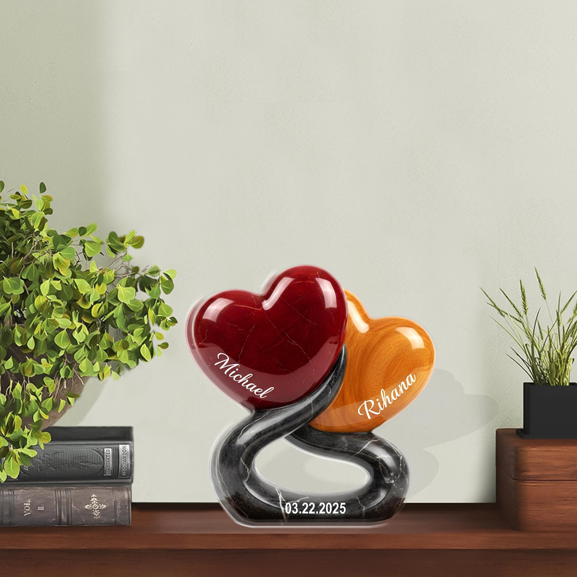 Personalized Heart Acrylic Block, Interlocking Hearts Plaque, Custom Names Date Decor image 1