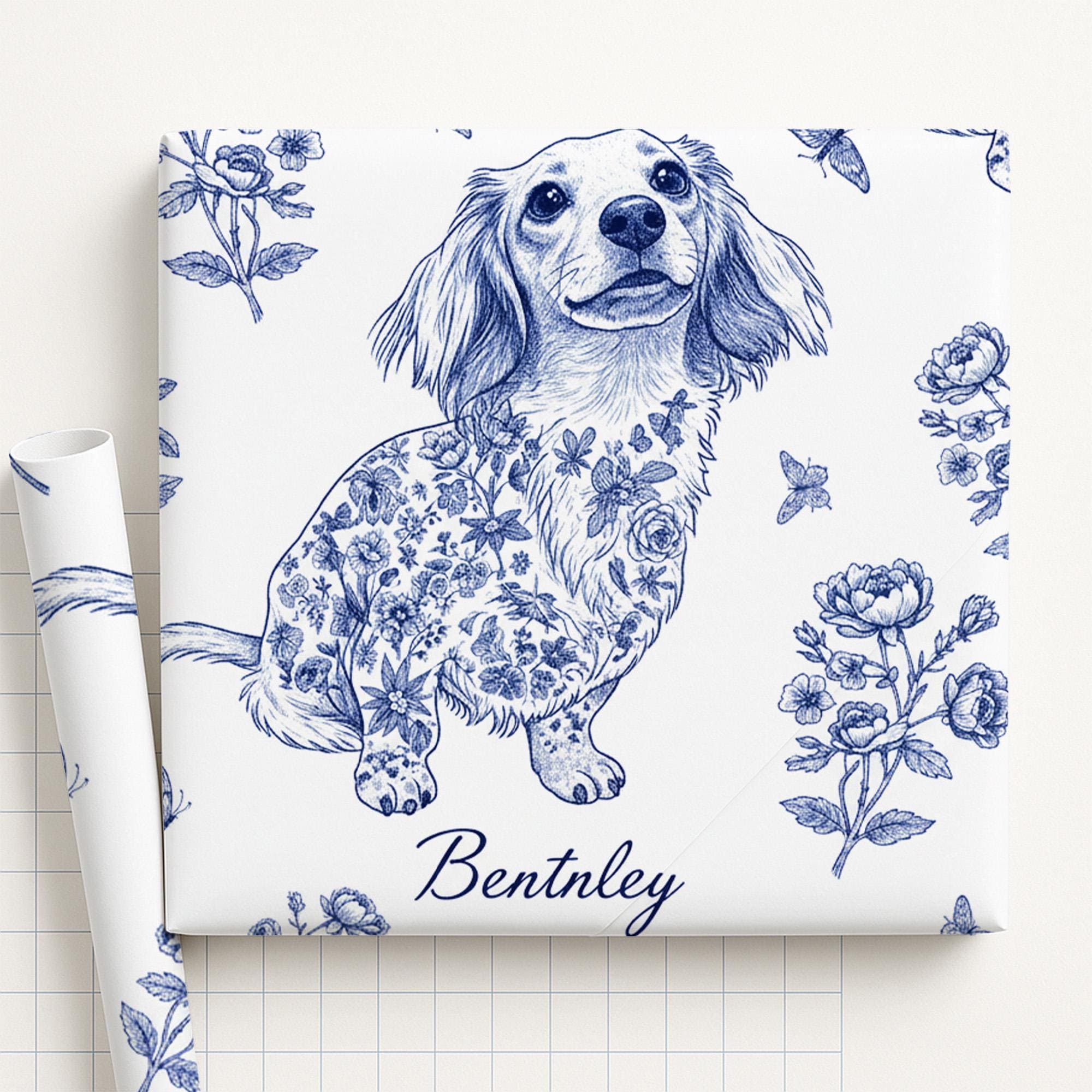 Custom Pet Wrapping Paper Roll, Blue Toile de Jouy Dog Pattern, Pet Lovers Gift image 1