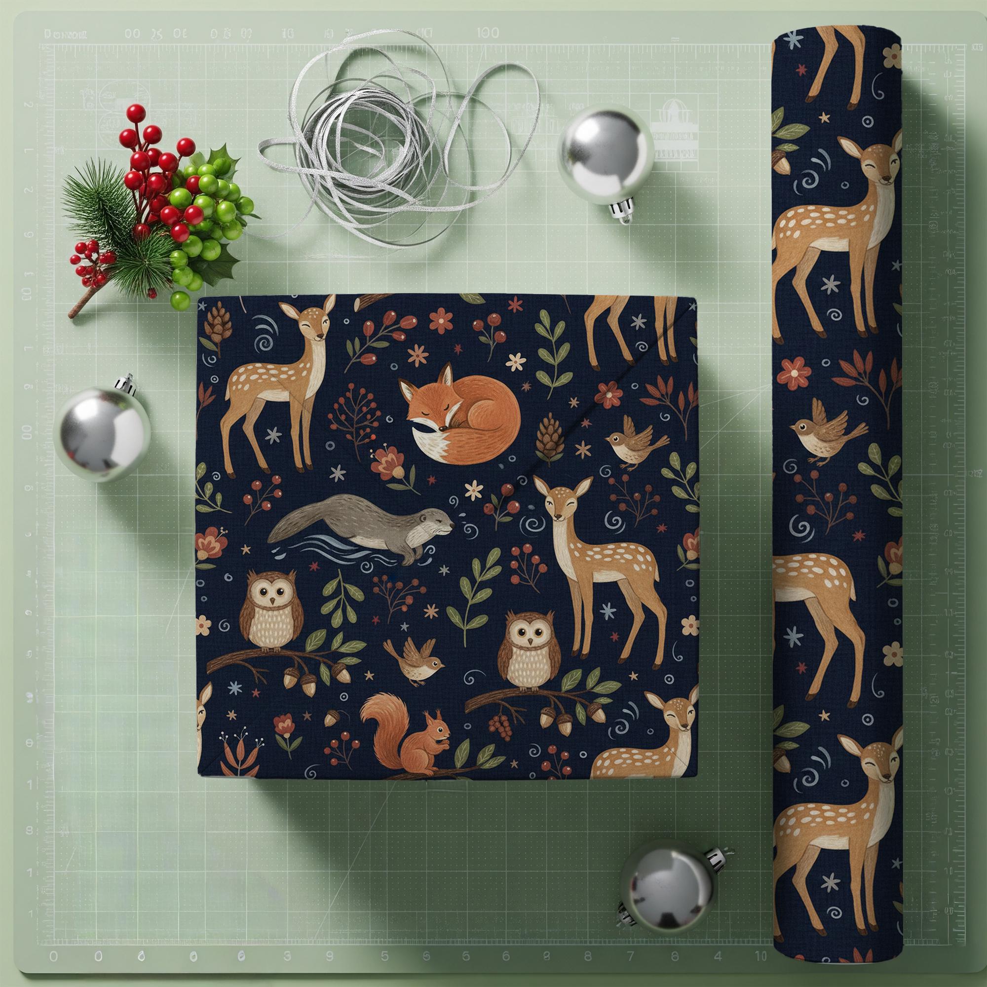 Wrapping Paper Roll, Navy Woodland Animal Pattern, Fox Deer Owl Forest Print image 2