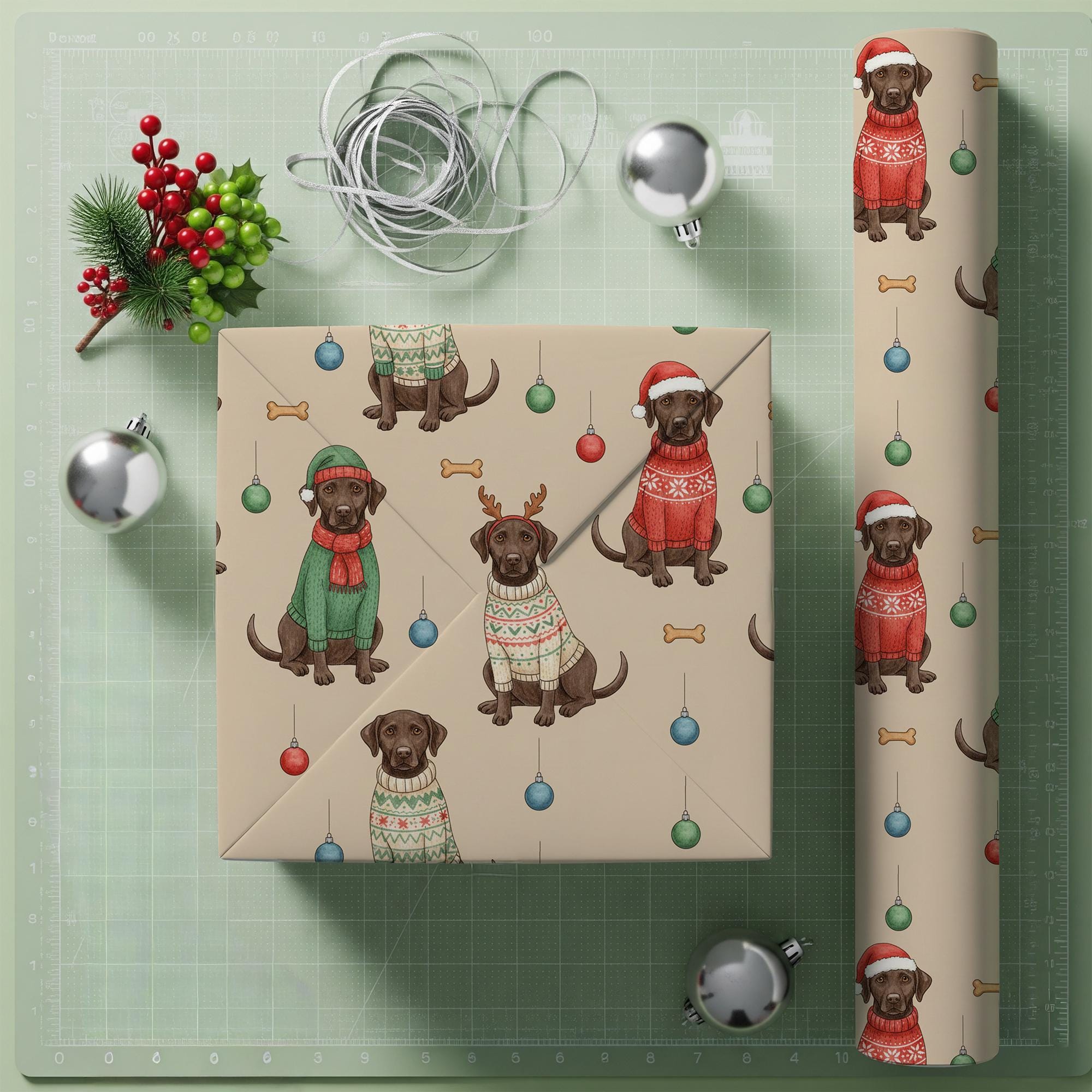 Christmas Wrapping Paper Roll, Brown Labrador Sweater Pattern, Ornament Holiday Wrap image 2