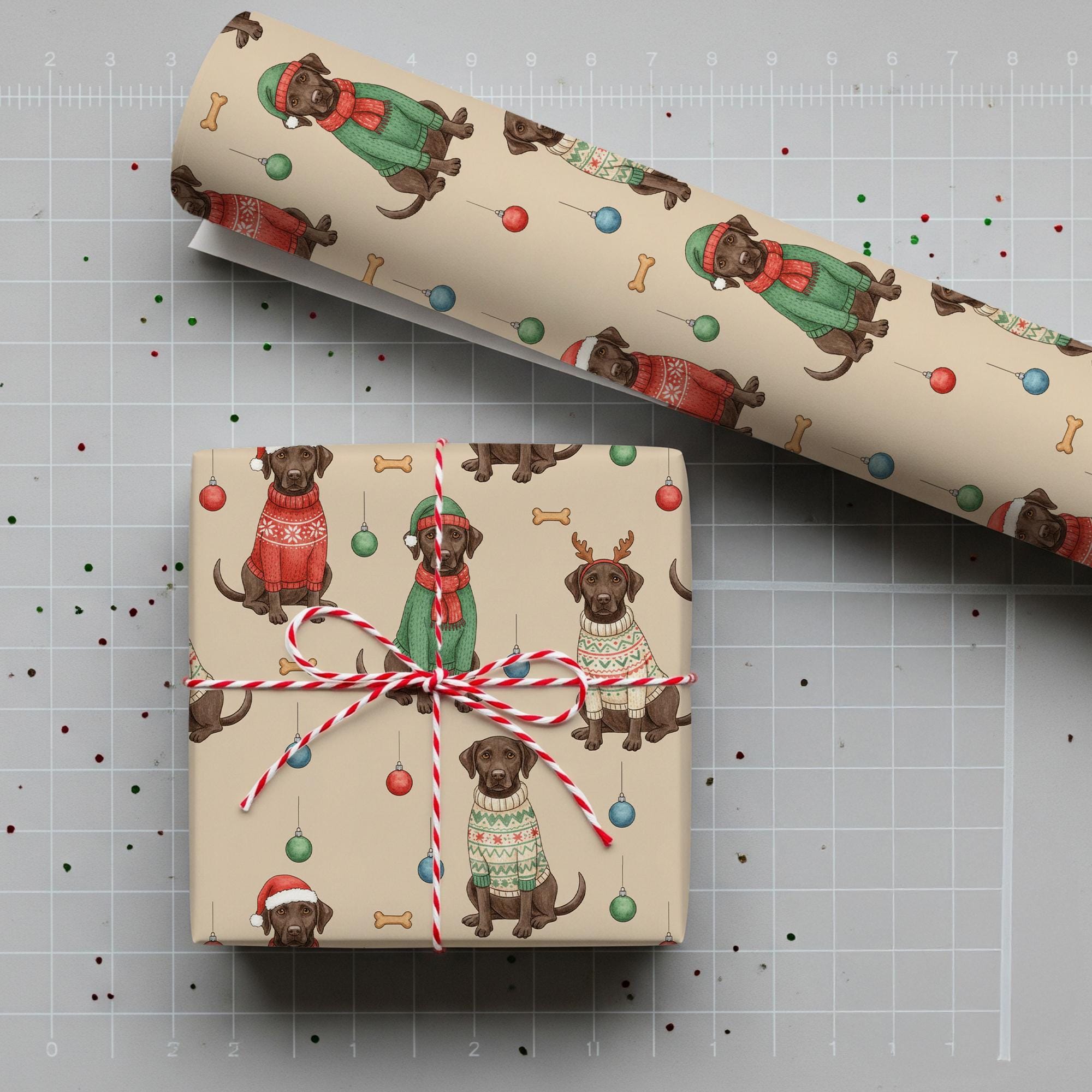 Christmas Wrapping Paper Roll, Brown Labrador Sweater Pattern, Ornament Holiday Wrap image 1