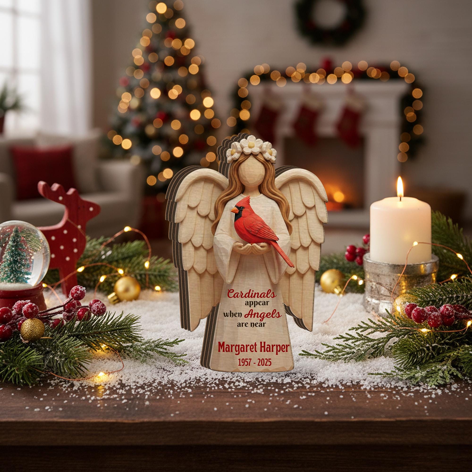 Personalized Cardinal Angel Wooden Block, Custom Name Dates Remembrance Decor image 1