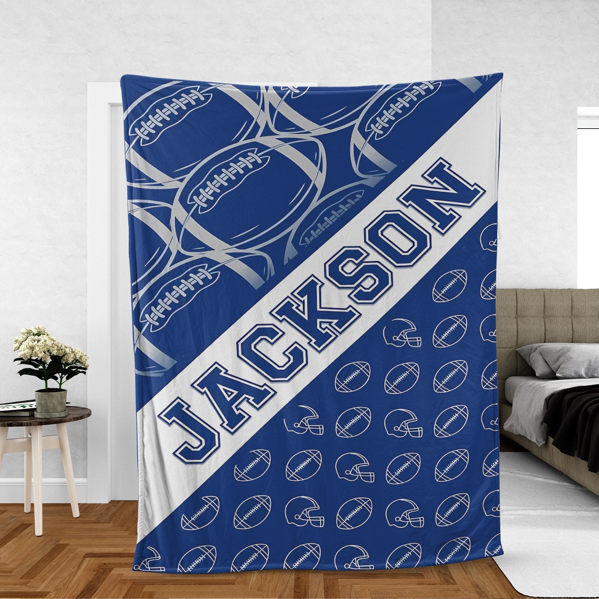 Personalized Fleece Blanket: Football Helmet Pattern, Blue White Sports Design image 1