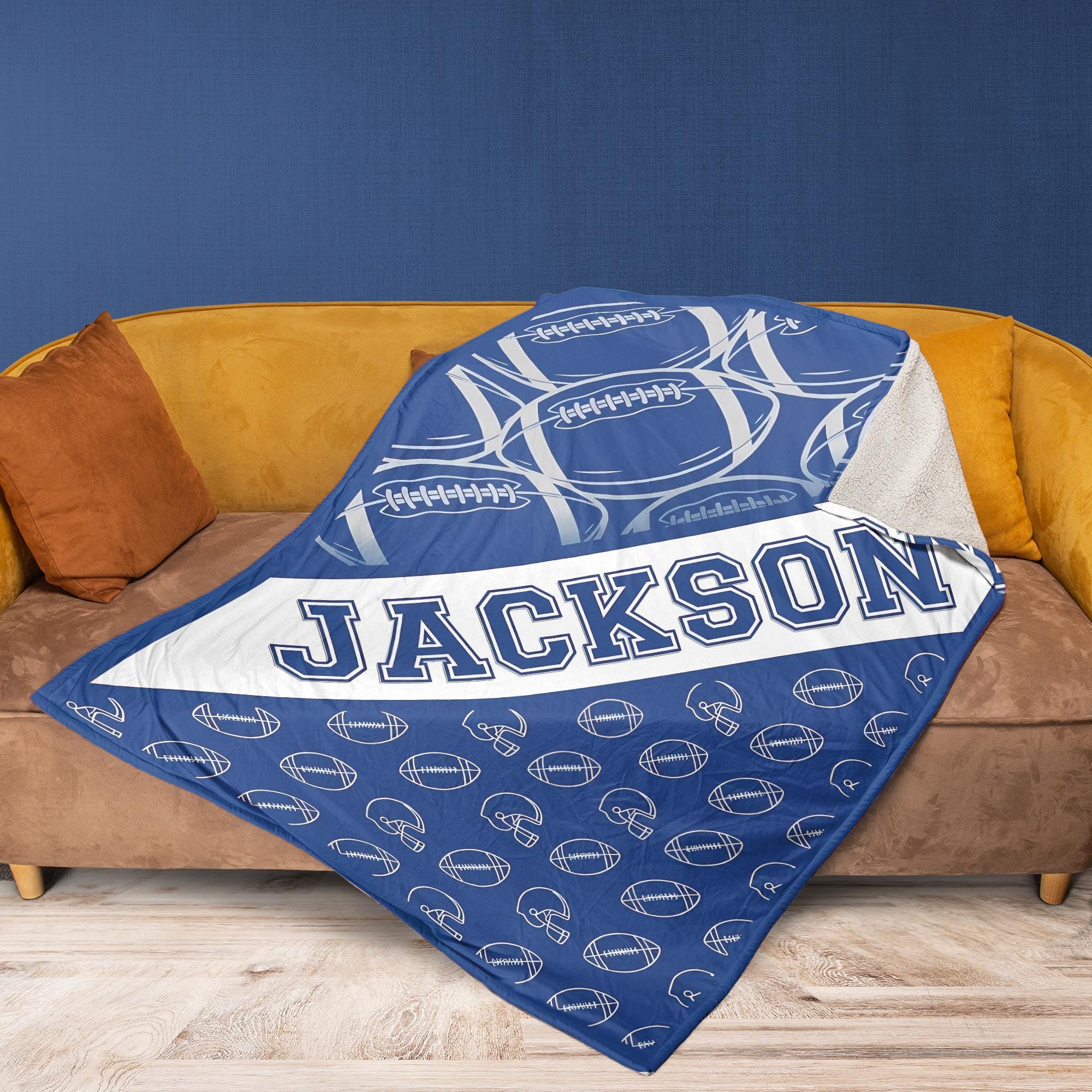 Personalized Fleece Blanket: Football Helmet Pattern, Blue White Sports Design image 2