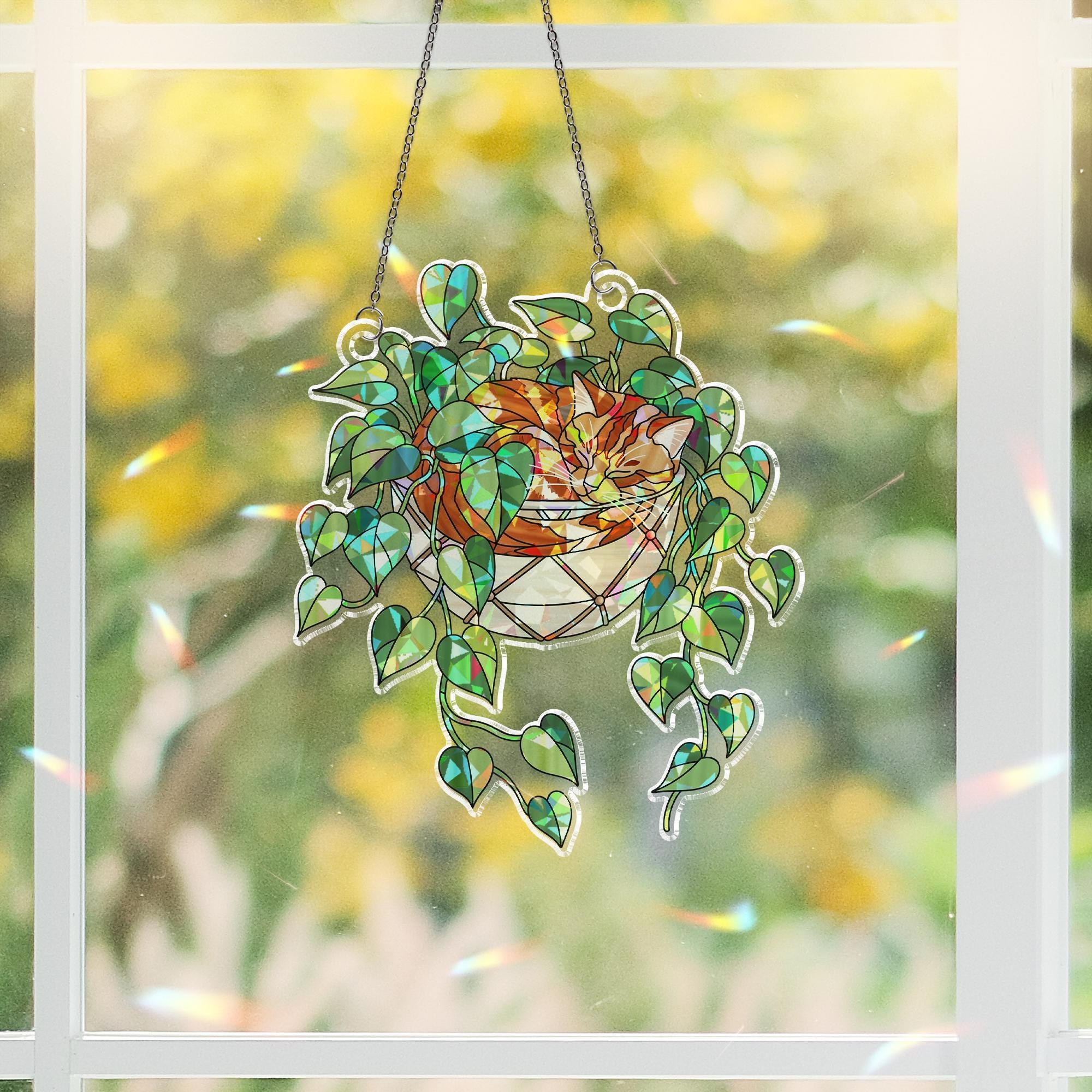 Hologram Cat Ornament: Orange Cat Sleeping on Philodendron Acrylic Window Hanging image 1