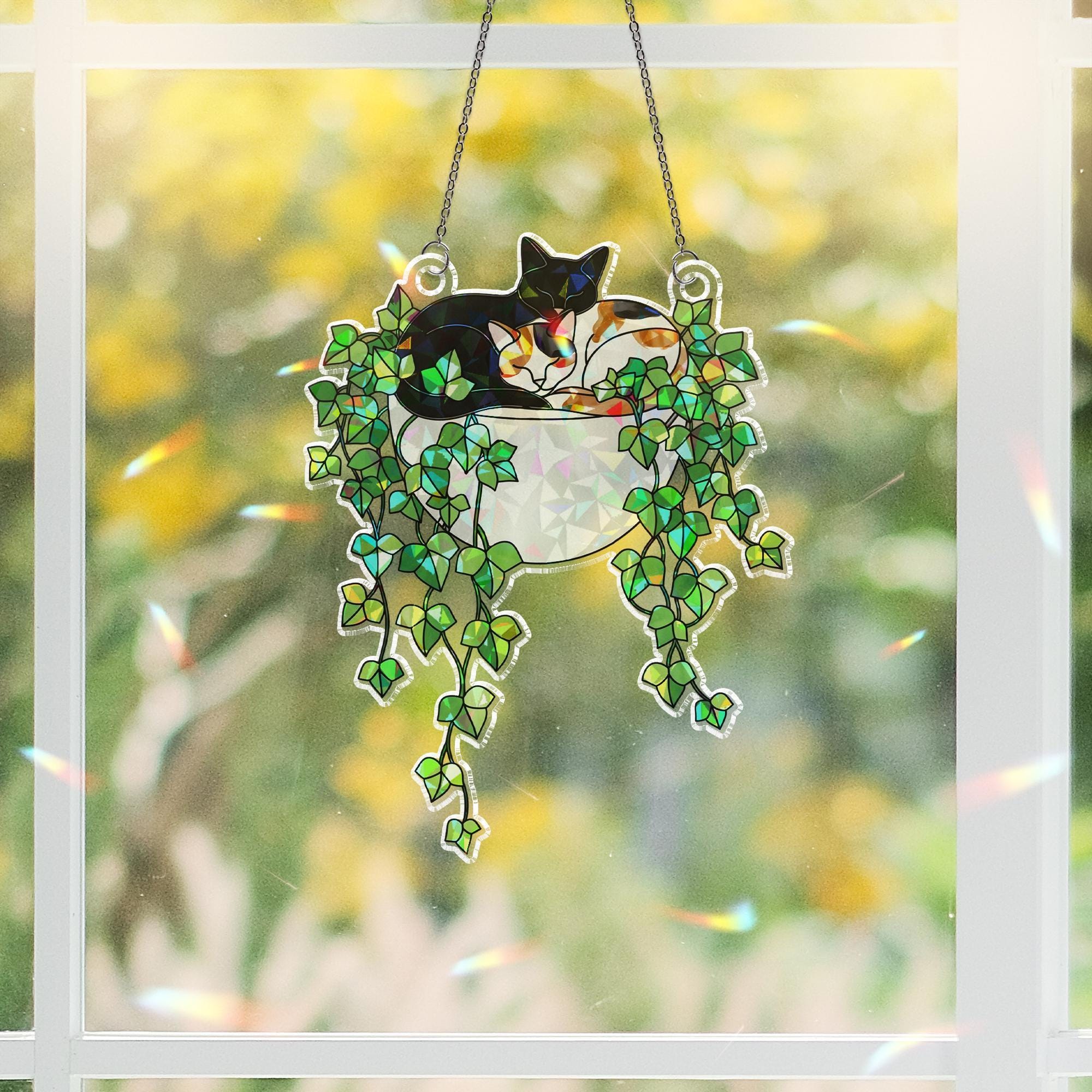 Hologram Cat Ornament: Black Cat & Calico Sleeping on Ivy, Acrylic Window Hanging image 1