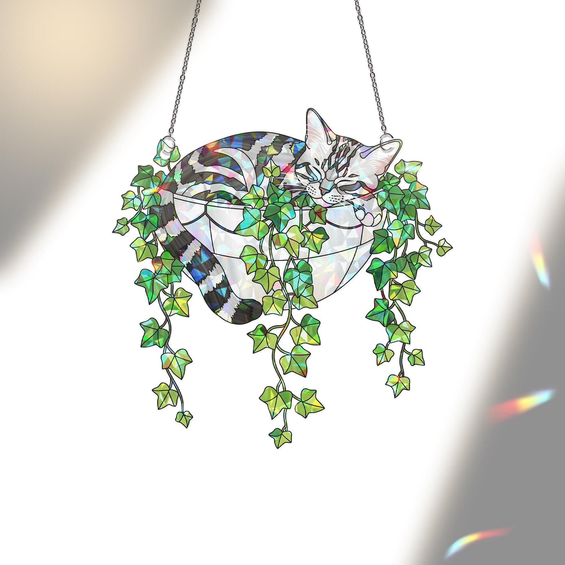 American Shorthair Cat Sleeping in Ivy Hologram Acrylic Window Hanging image 3